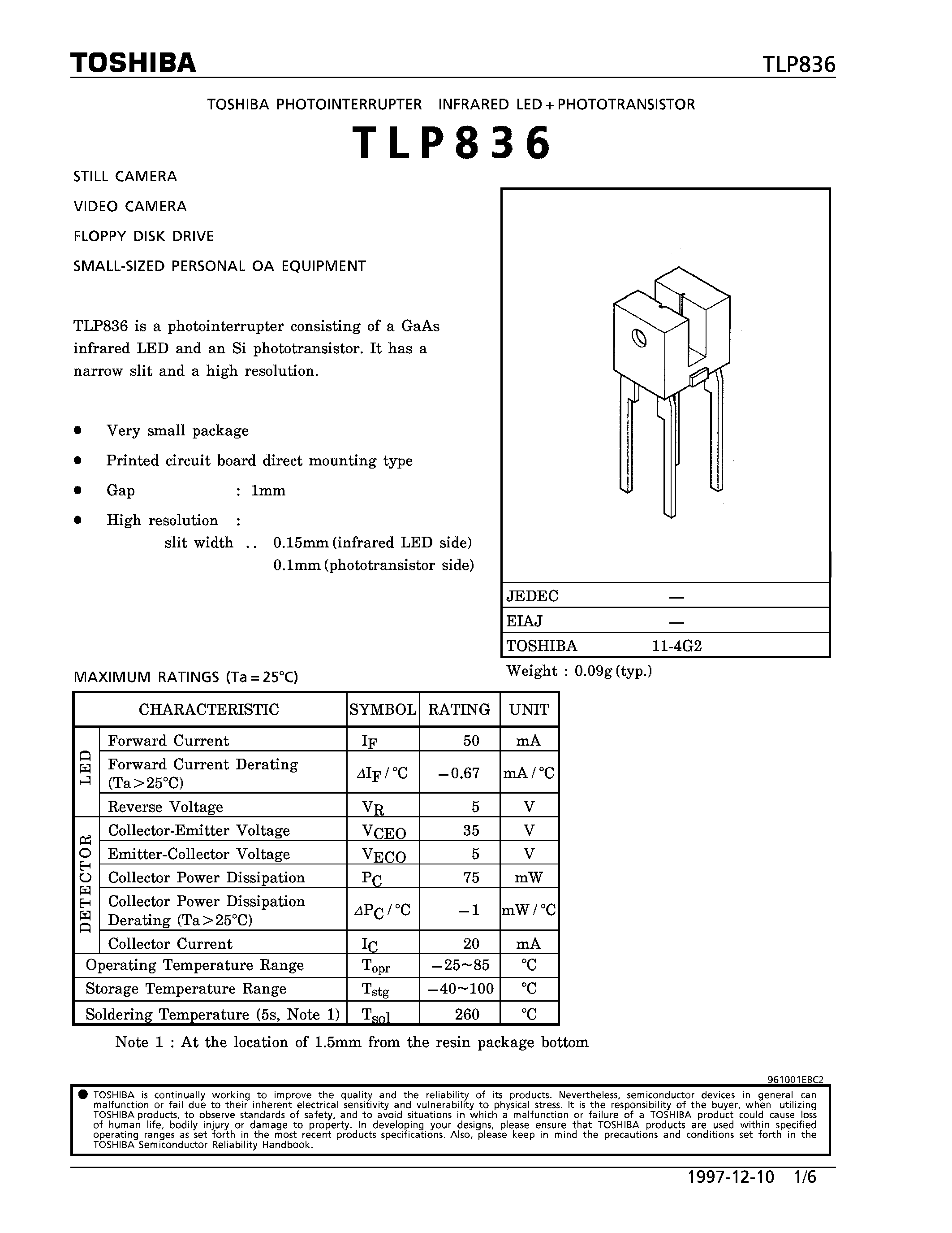 Datasheet TLP836 - PHOTOINTERRUPTER INFRARED LED PHOTOTRANSISTOR page 1