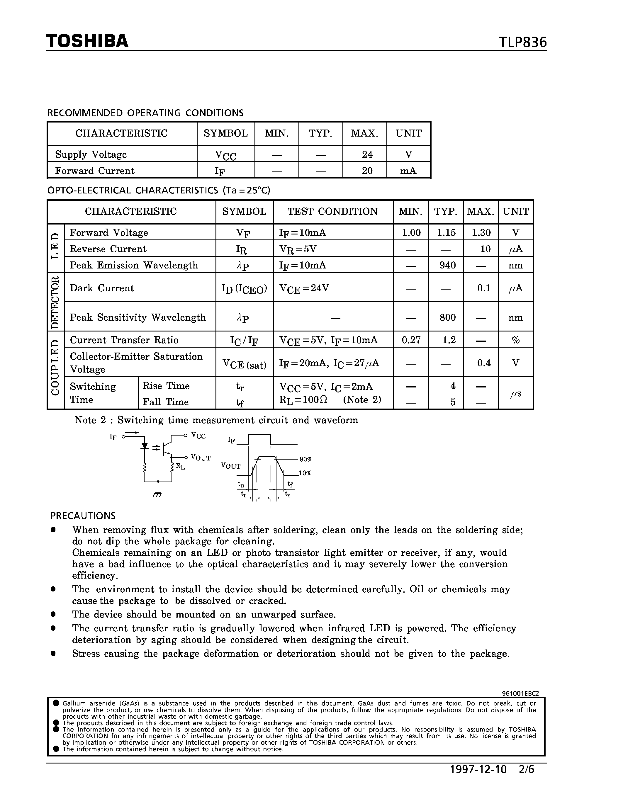 Datasheet TLP836 - PHOTOINTERRUPTER INFRARED LED PHOTOTRANSISTOR page 2
