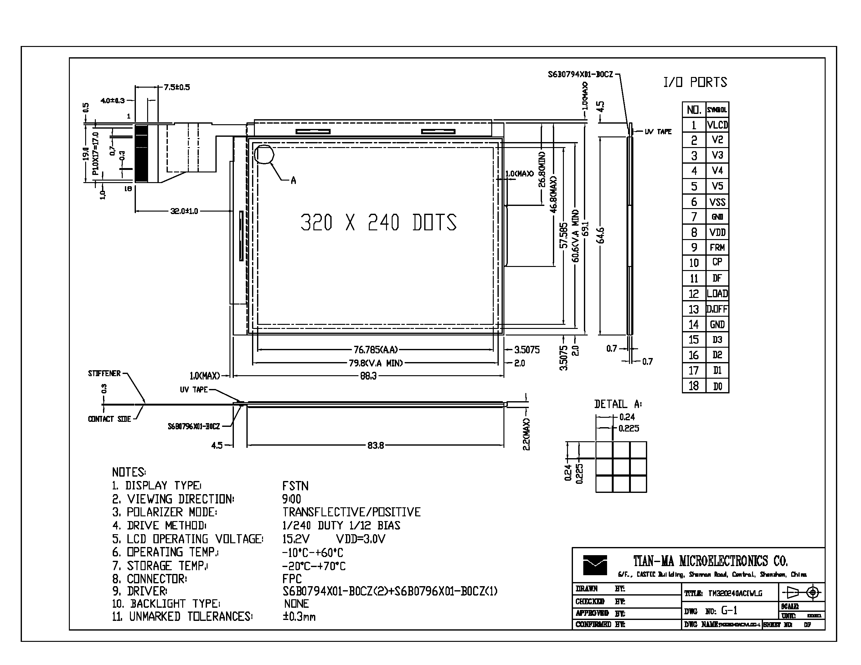 Даташит TM320240ACIWLG - 320 X 240 DOTS LCD MODULE страница 1