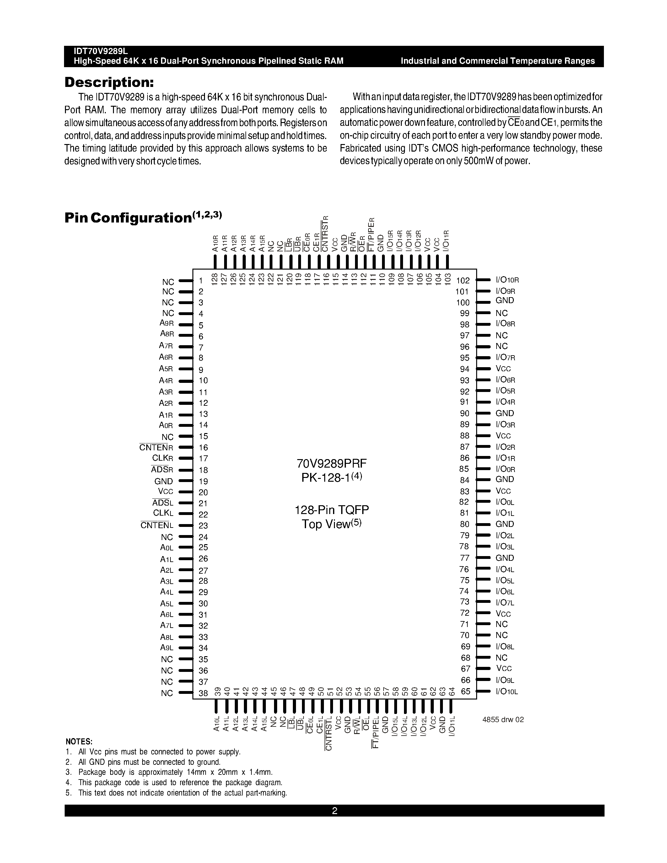 Datasheet IDT70V9289L - HIGH-SPEED 3.3V 64K x 16 SYNCHRONOUS PIPELINED DUAL-PORT STATIC RAM page 2
