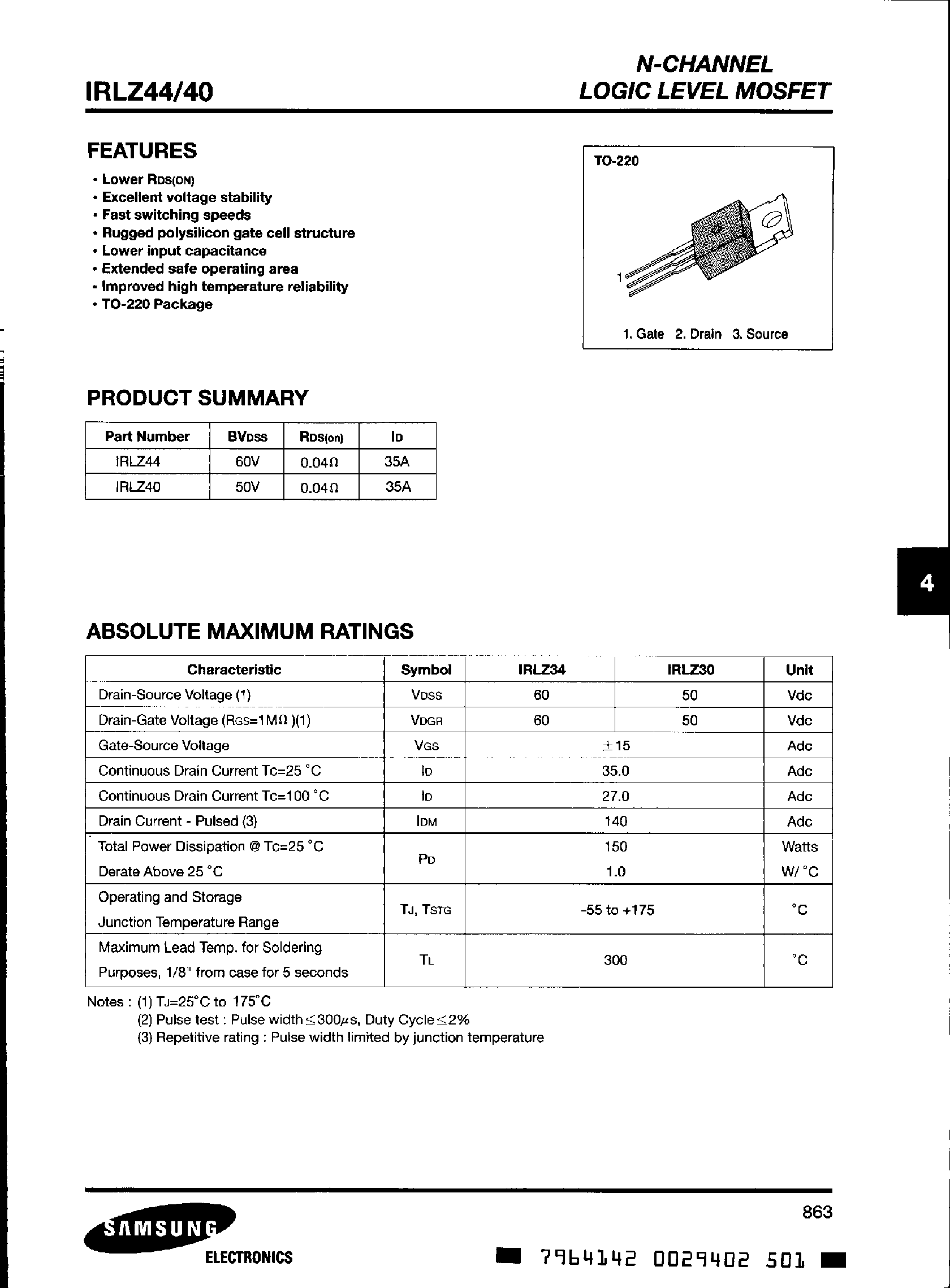 Datasheet IRLZ40 - (IRLZ40 / IRLZ44) N-CHANNEL LOGIC LEVEL MOSFET page 1