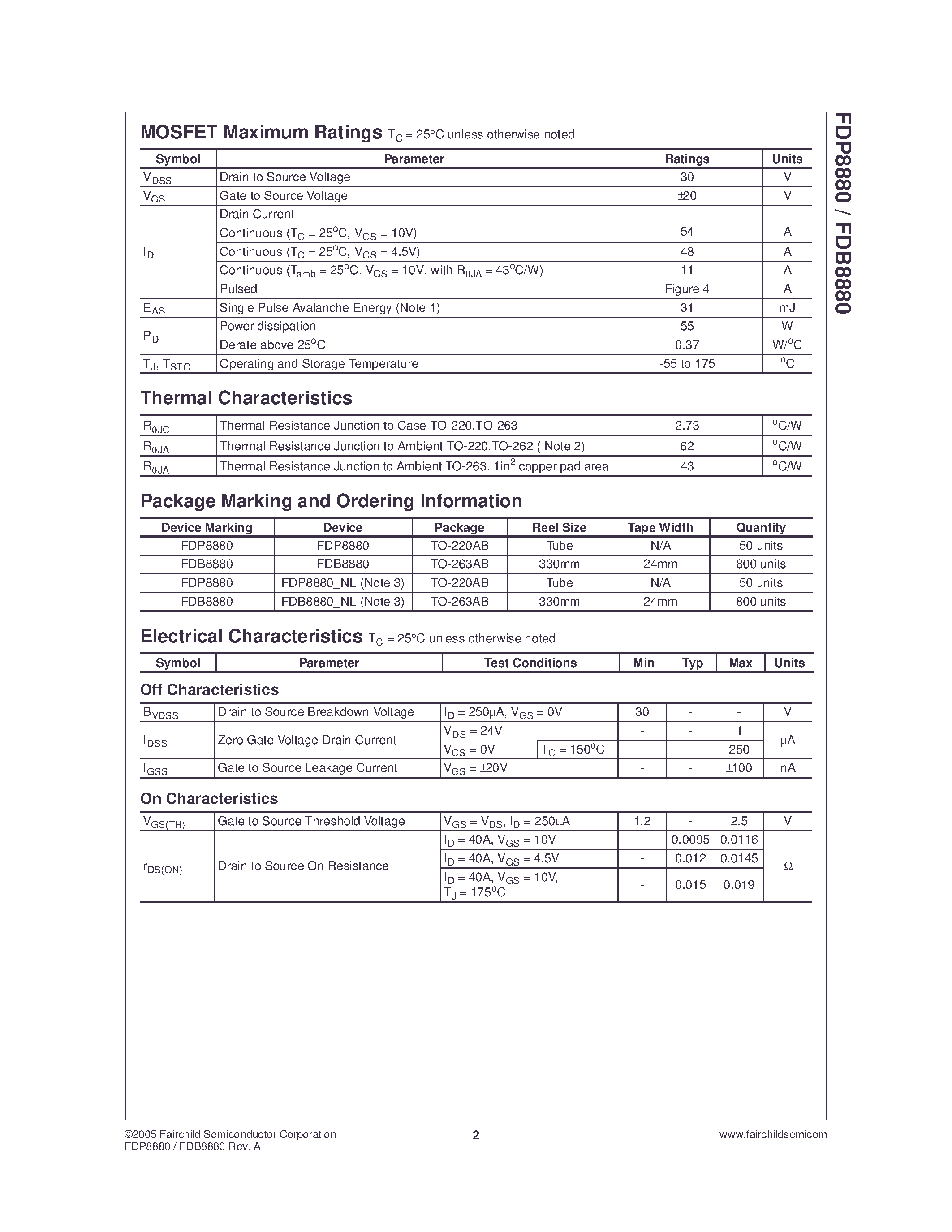 Datasheet FDB8880 - N-Channel PowerTrench MOSFET page 2