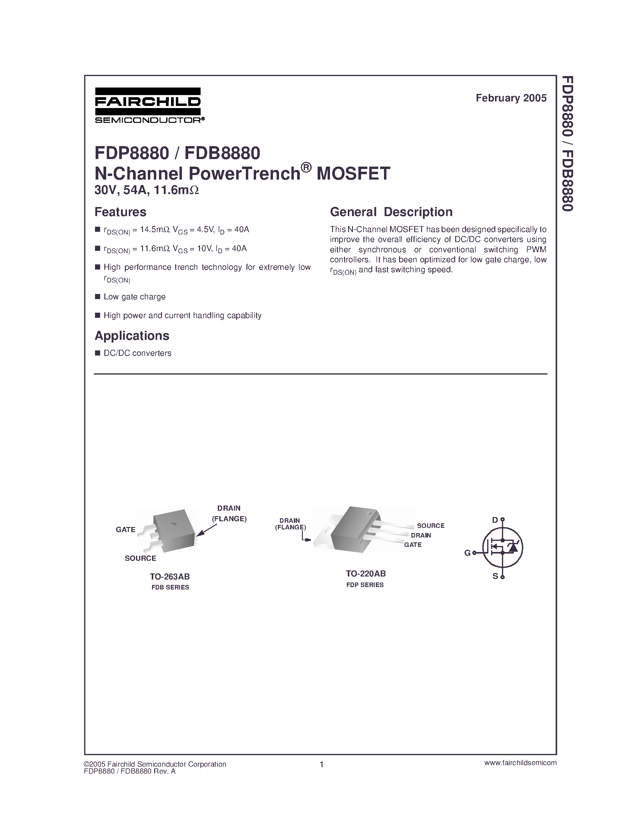 Datasheet FDP8880 - N-Channel PowerTrench MOSFET page 1
