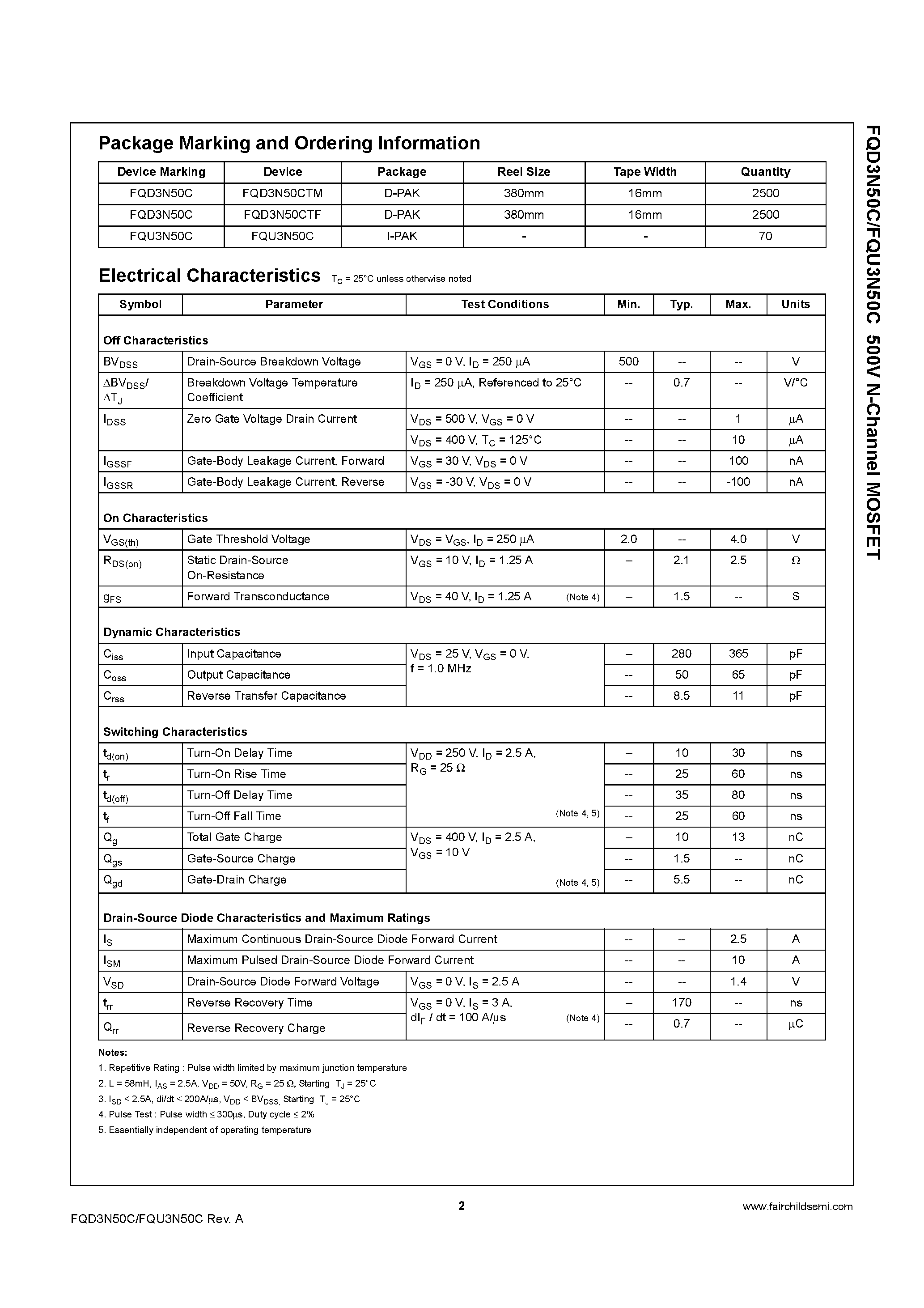 Datasheet FQU3N50C page 2 Datasheet FQU3N50C - 500V N-Channel MOSFET page 2