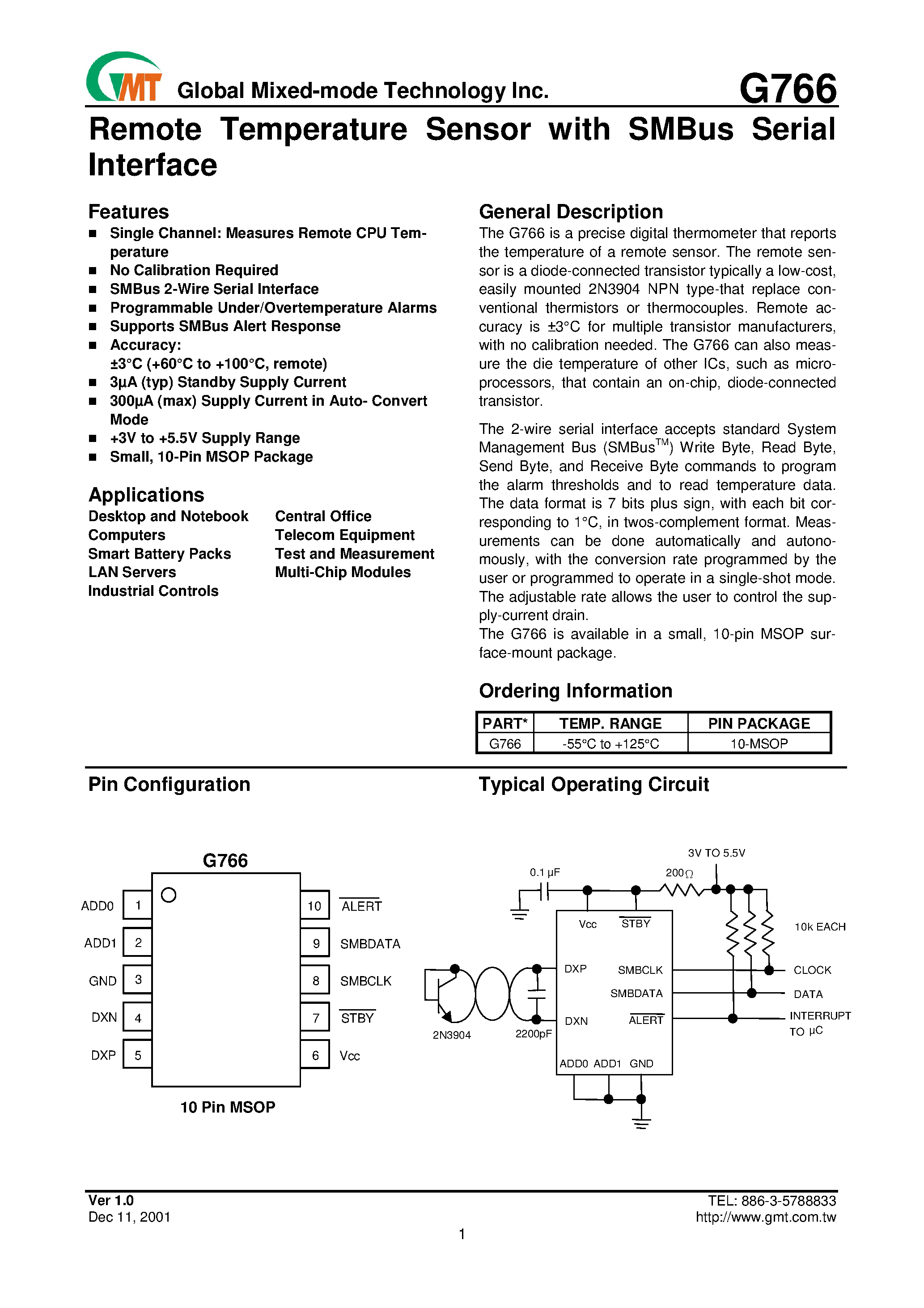 Datasheet G766 page 1 Datasheet G766 - Remote Temperature Sensor with SMBus Serial Interface page 1