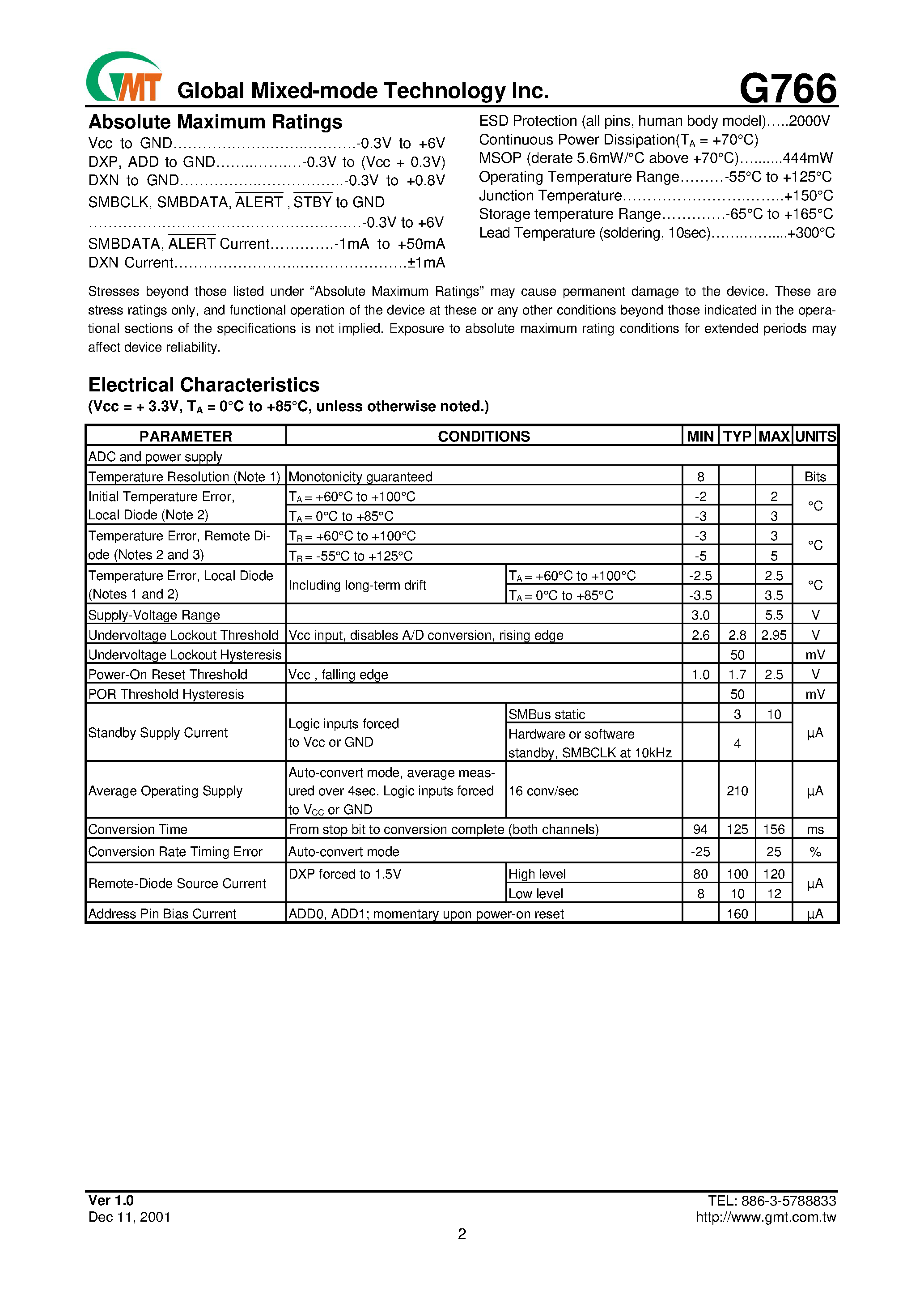 Datasheet G766 page 2 Datasheet G766 - Remote Temperature Sensor with SMBus Serial Interface page 2