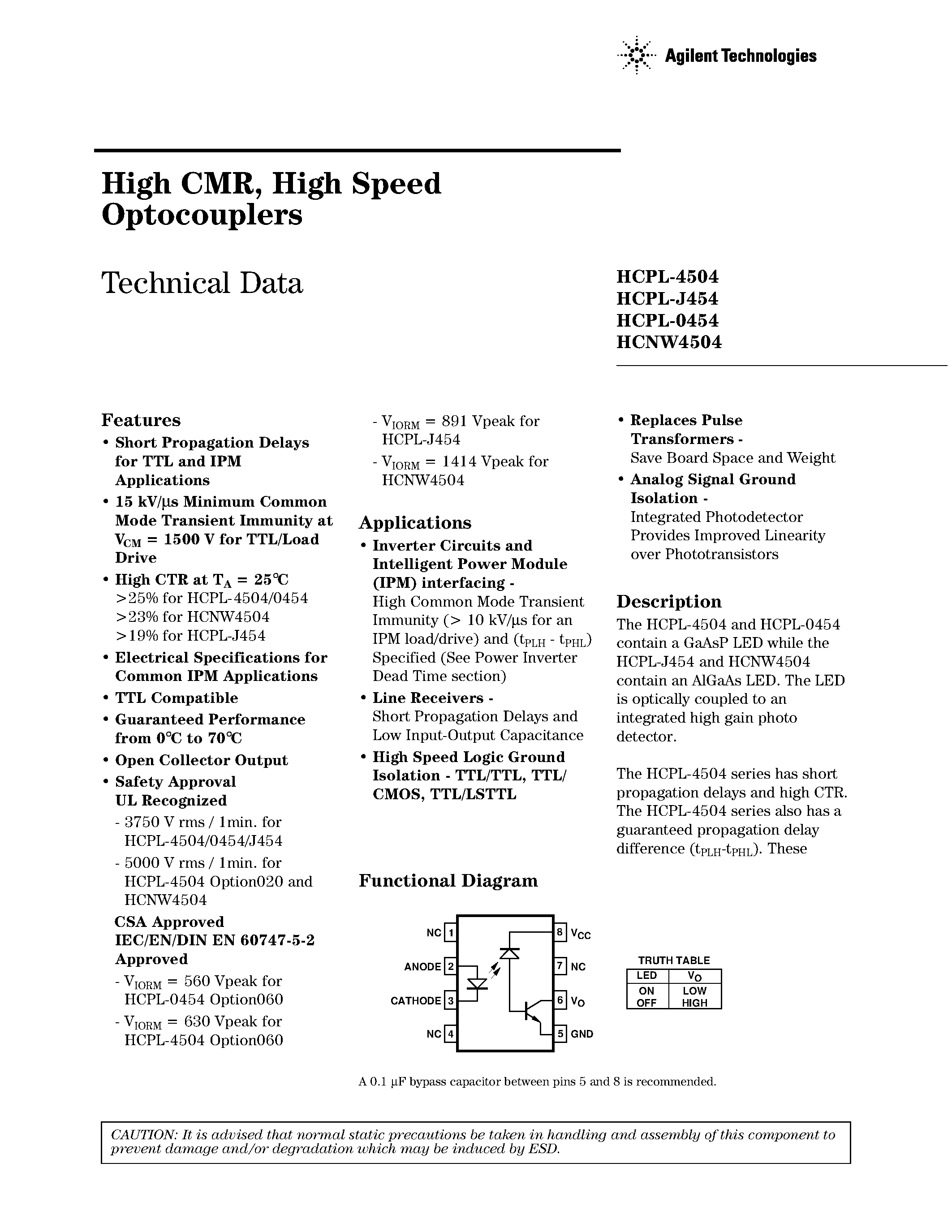Даташит HCPL-J454 - High CMR / High Speed Optocouplers страница 1