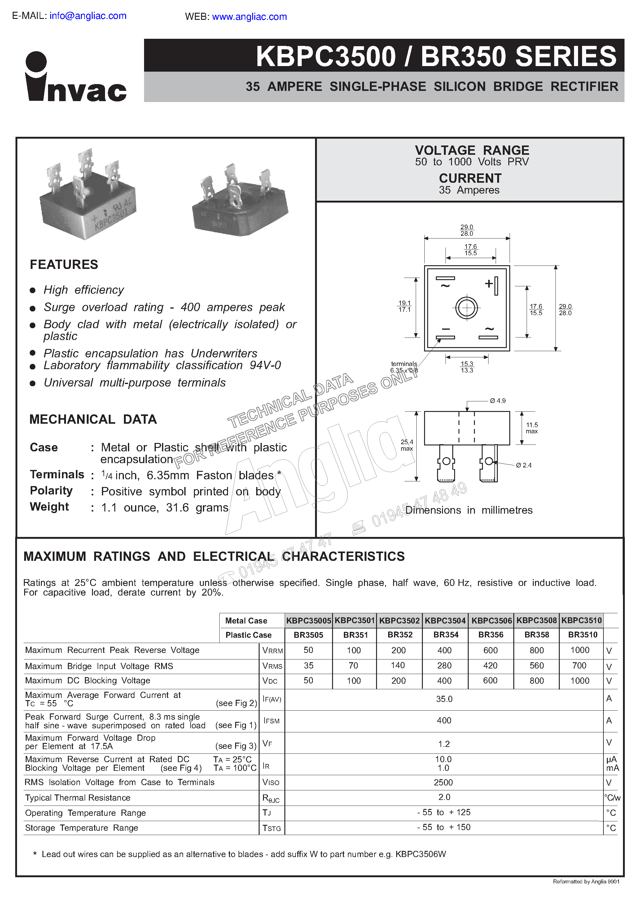 Datasheet BR350 page 1 Datasheet BR350 - 35 AMPERE SINGLE-PHASE SILICON BRIDGE RECTIFIER page 1