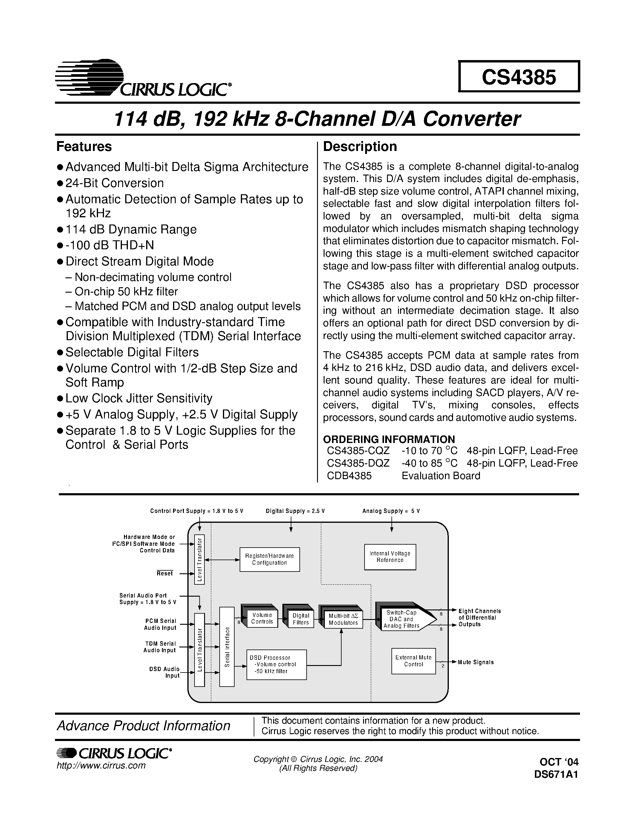 Datasheet CDB4385 page 1 Datasheet CDB4385 - 114 dB / 192kHz 8-CHANNEL D/A CONVERTER page 1