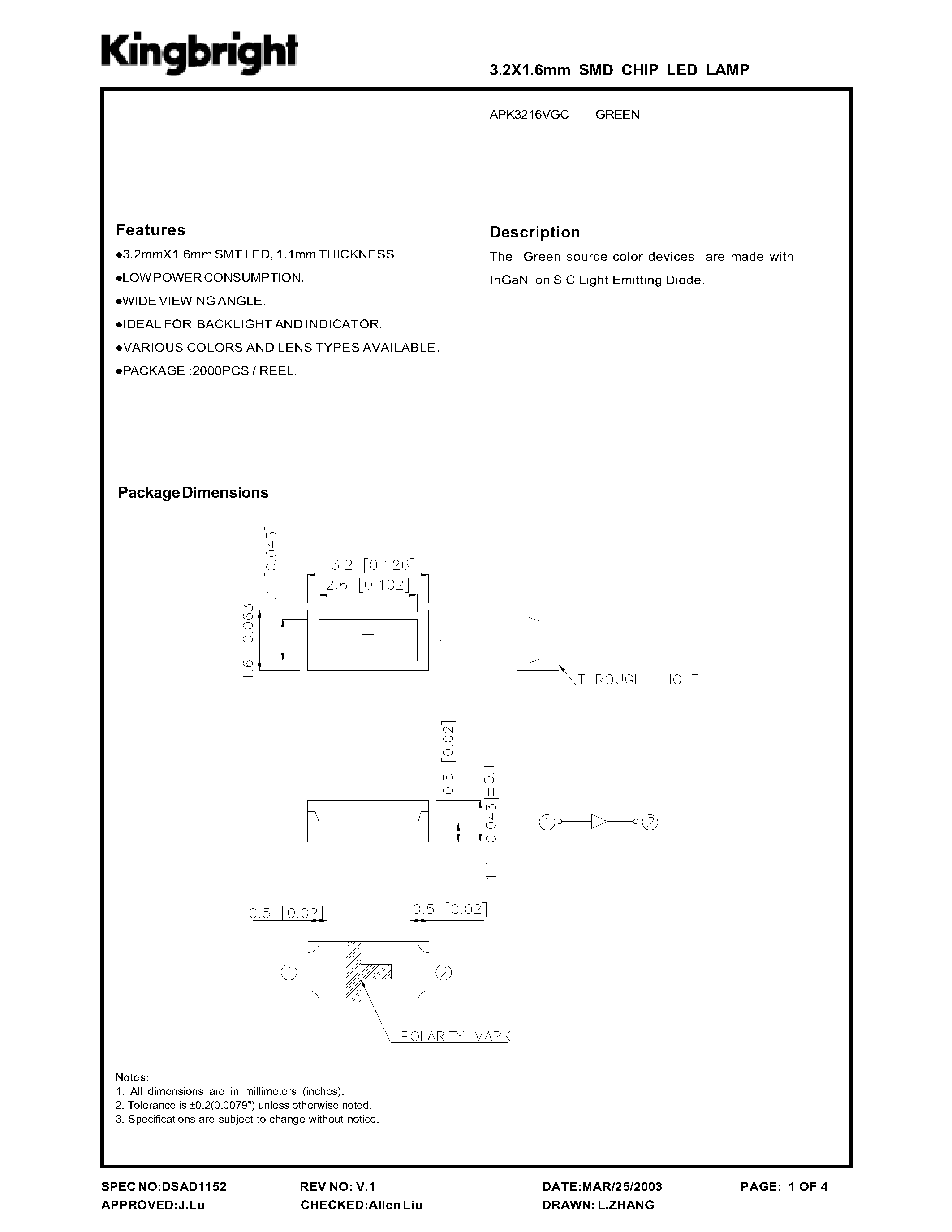 Datasheet APK3216VGC - 3.2 X 1.6 MM SMD CHIP LED LAMP page 1