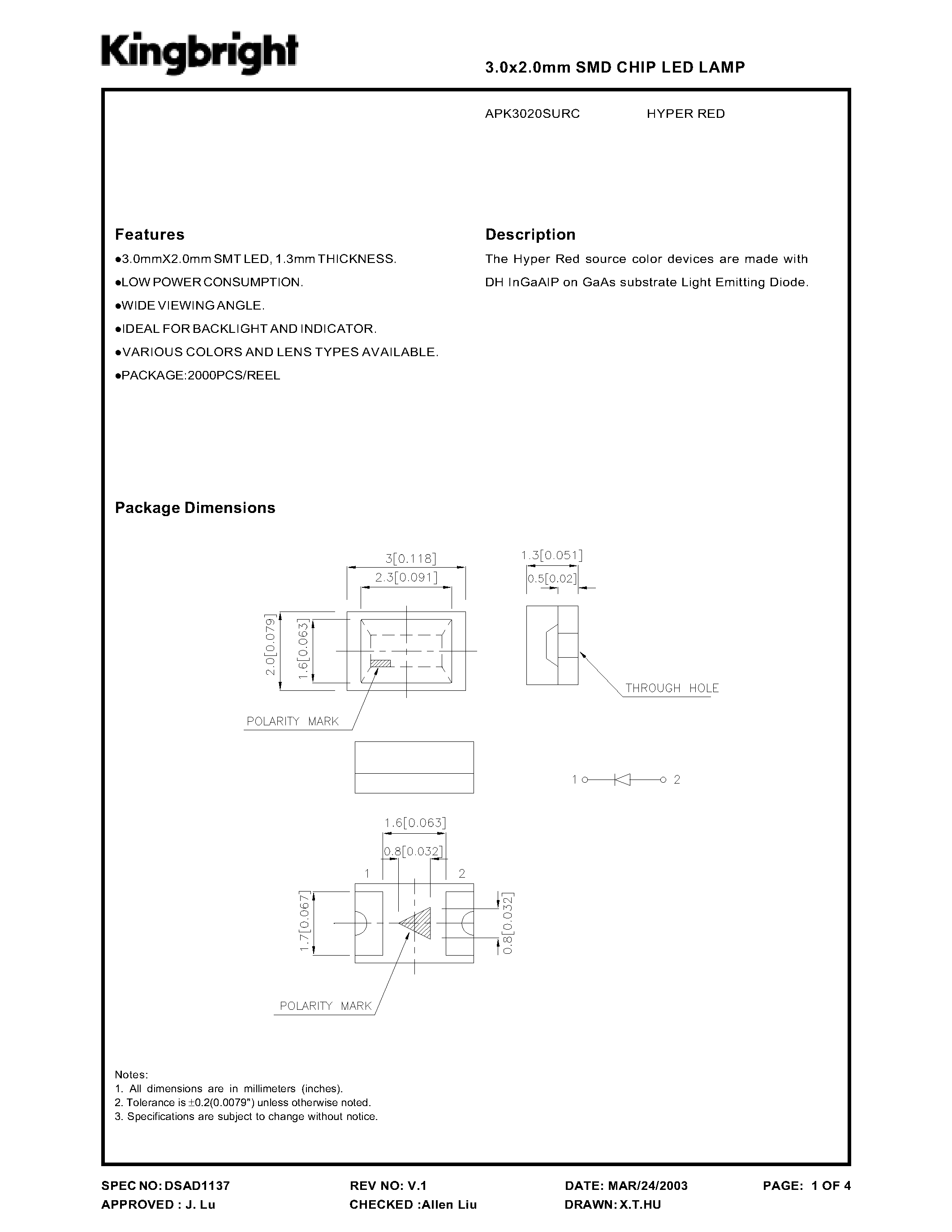 Datasheet APK3020SURC page 1 Datasheet APK3020SURC - DH InGaAIP on GaAs substrate Light Emitting Diode page 1