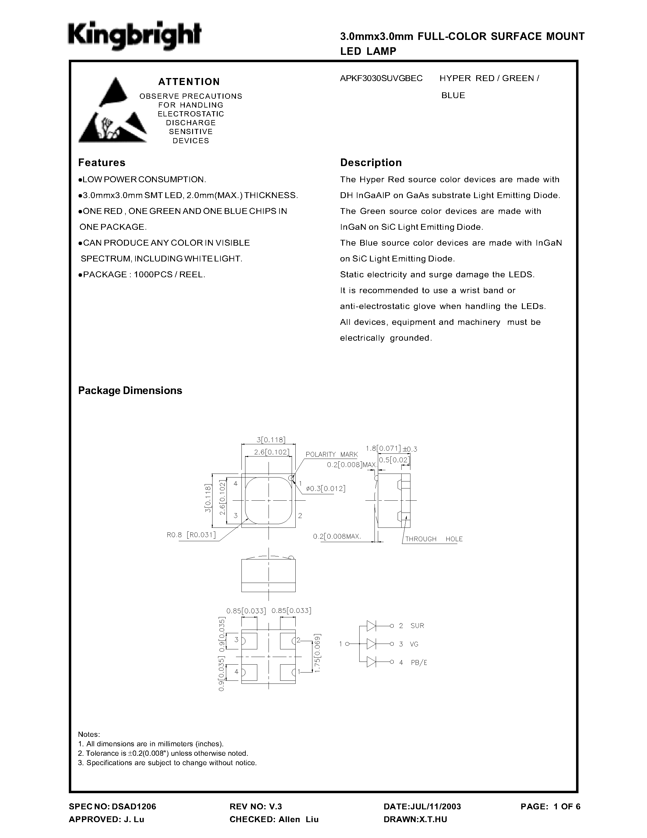 Datasheet APKF3030SUVGBEC - 3.0mmx3.0mm FULL-COLOR SURFACE MOUNT LED LAMP page 1