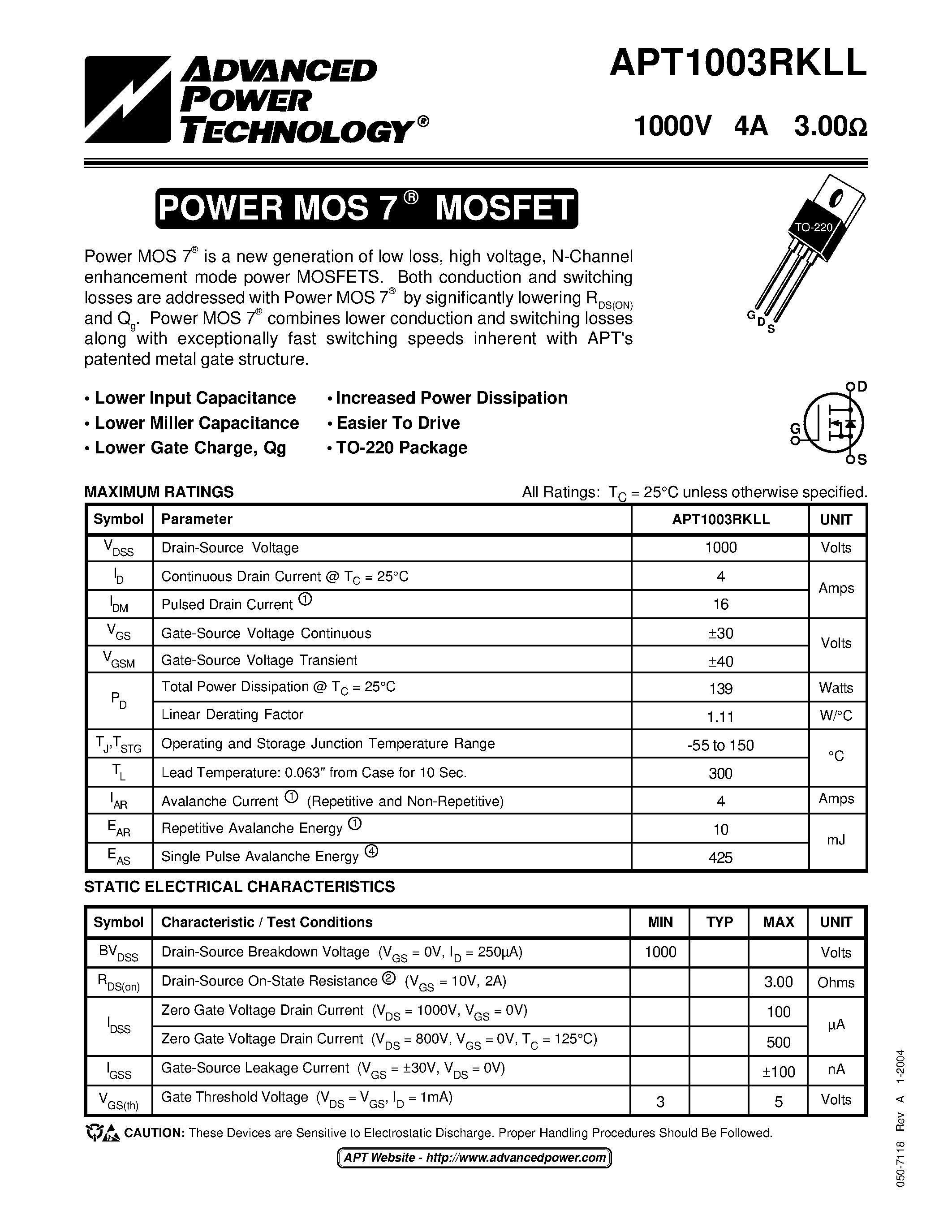 Datasheet APT1003RKLL page 1 Datasheet APT1003RKLL - POWER MOS 7 MOSFET page 1