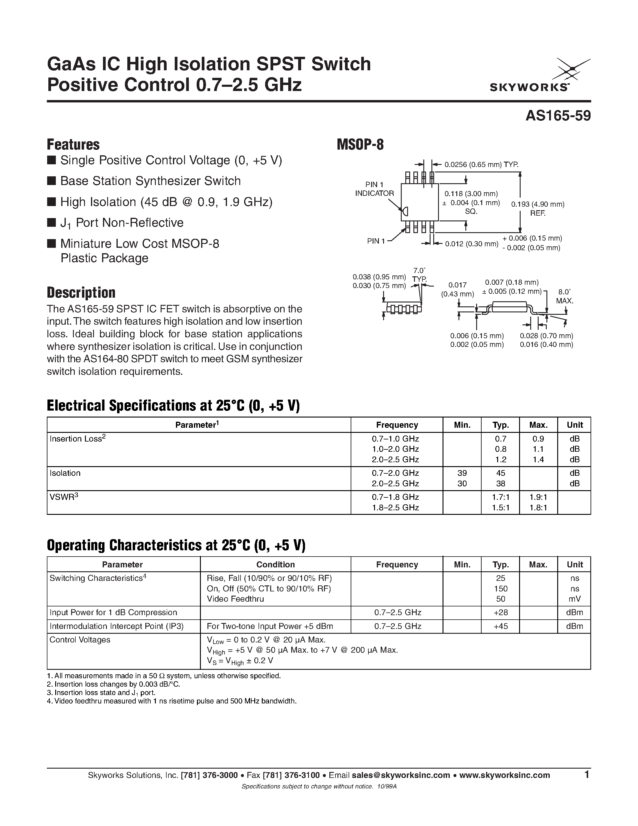 Даташит на микросхему AS165-59 страница 1 Даташит AS165-59 - GaAs IC High Isolation SPST Switch Positive Control страница 1