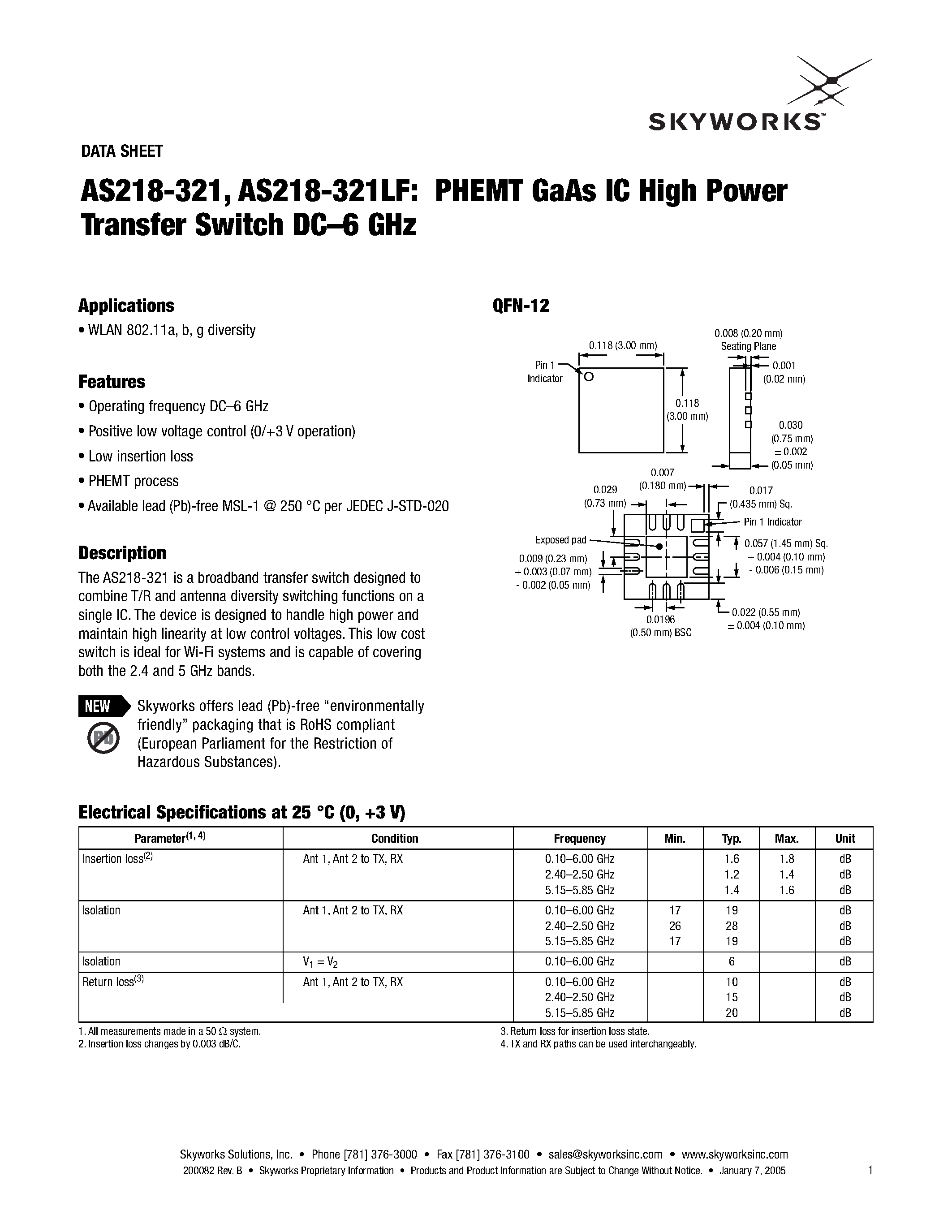 Даташит AS218-321 - PHEMT GaAs IC High Power Transfer Switch страница 1