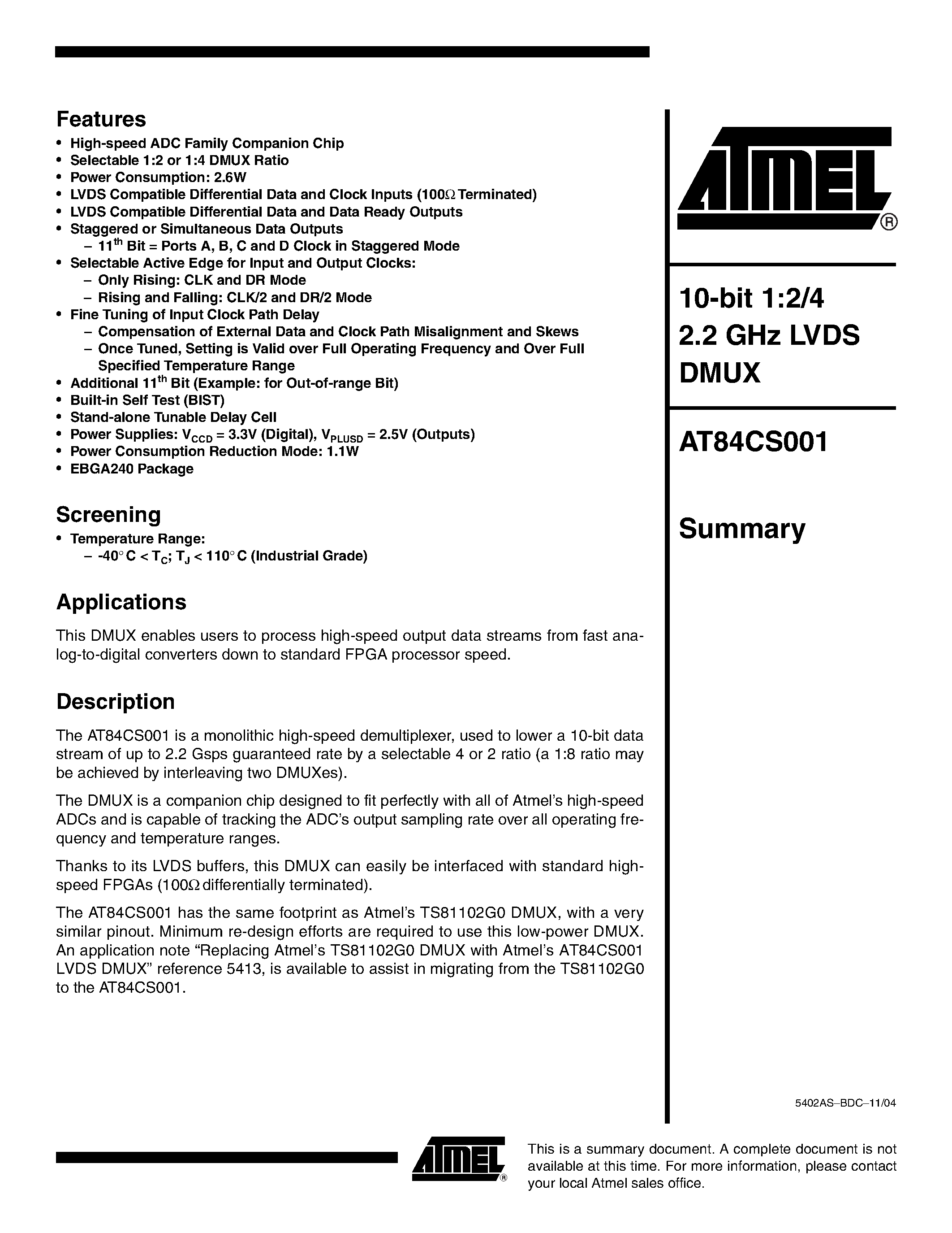 Datasheet AT84CS001 - 10-BIT 1:2/4 2.2GHz LVDS DMUX page 1