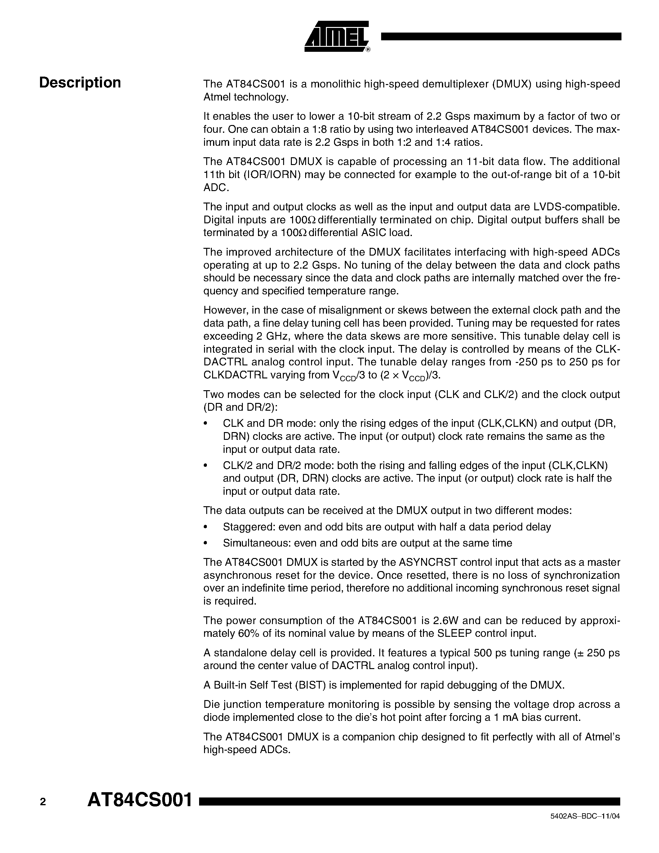 Datasheet AT84CS001 - 10-BIT 1:2/4 2.2GHz LVDS DMUX page 2