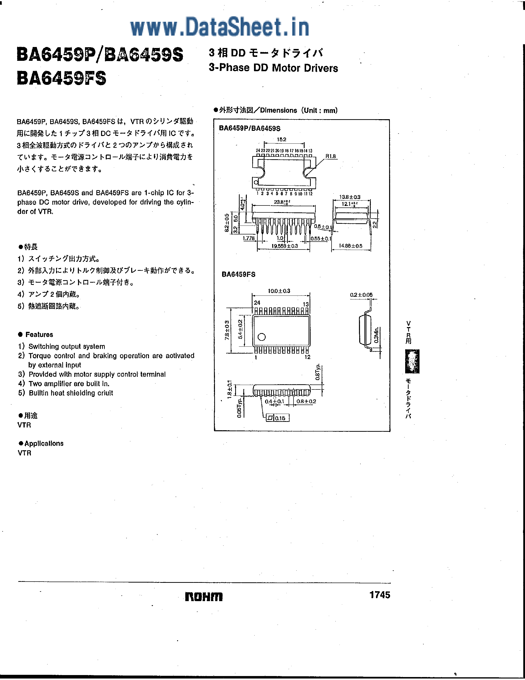 Datasheet BA6459 page 1 Datasheet BA6459 - 3-PHASS DD MOTOR DRIVERS page 1