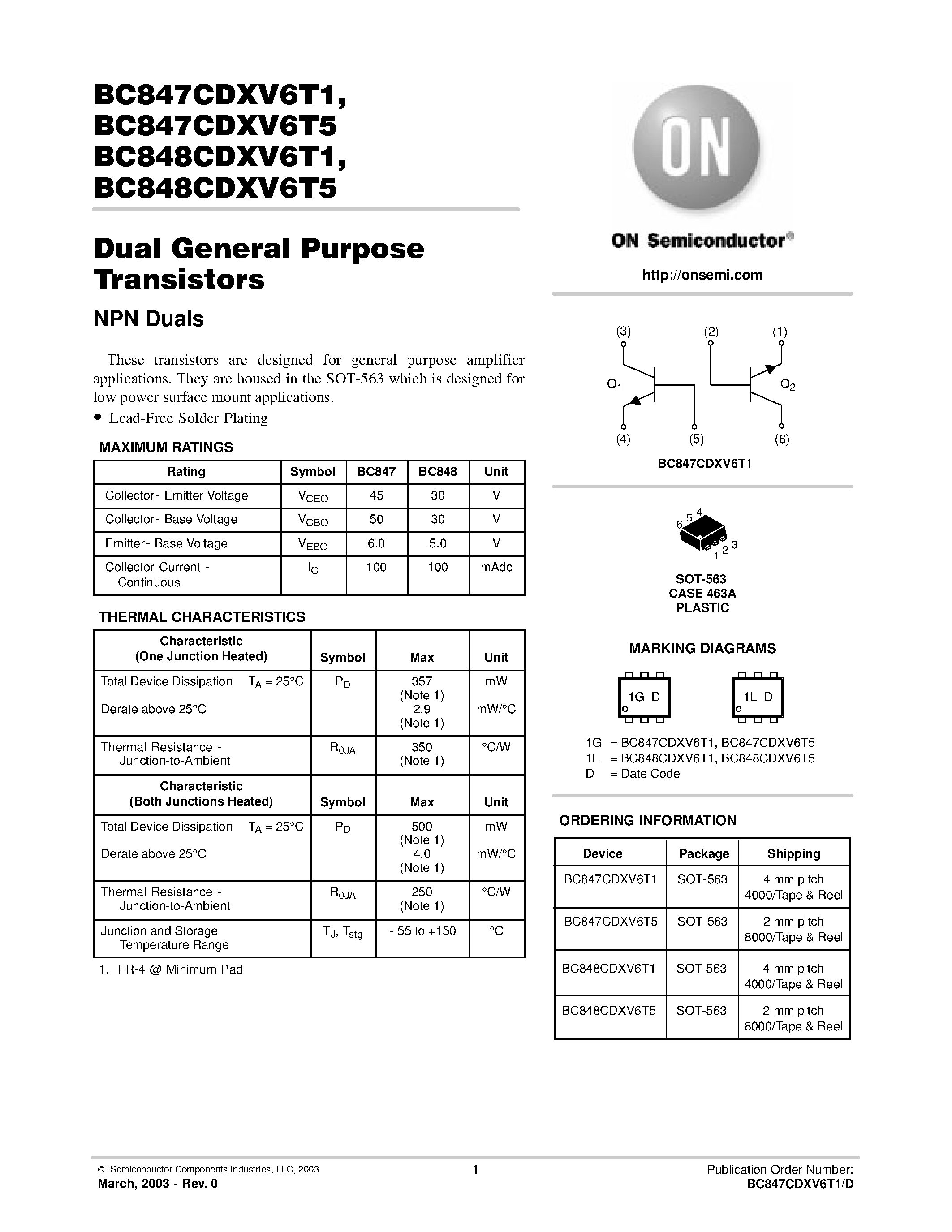 Даташит BC847CDXV6T1 - Dual General Purpose Transistors страница 1
