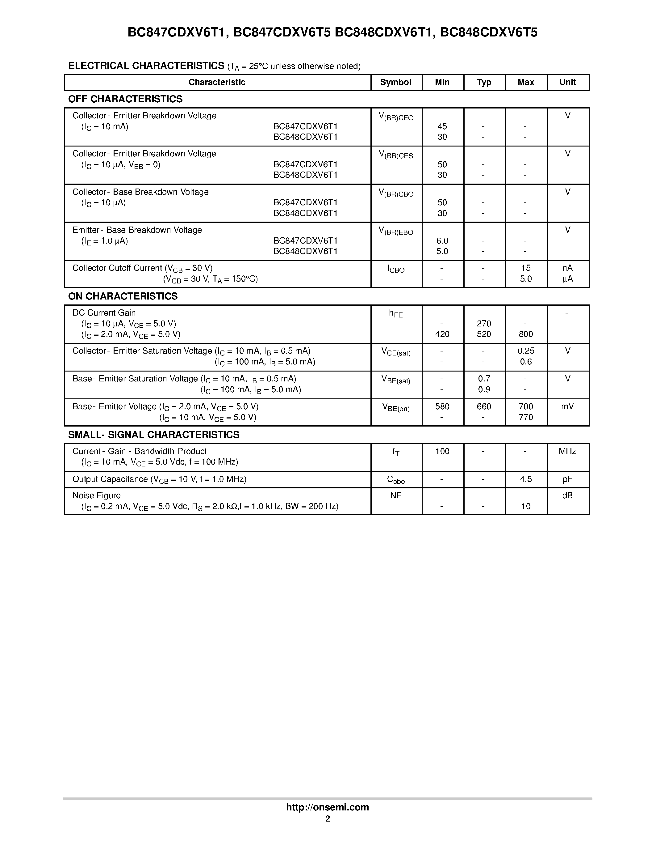 Даташит BC848CDXV6T5 - Dual General Purpose Transistors страница 2