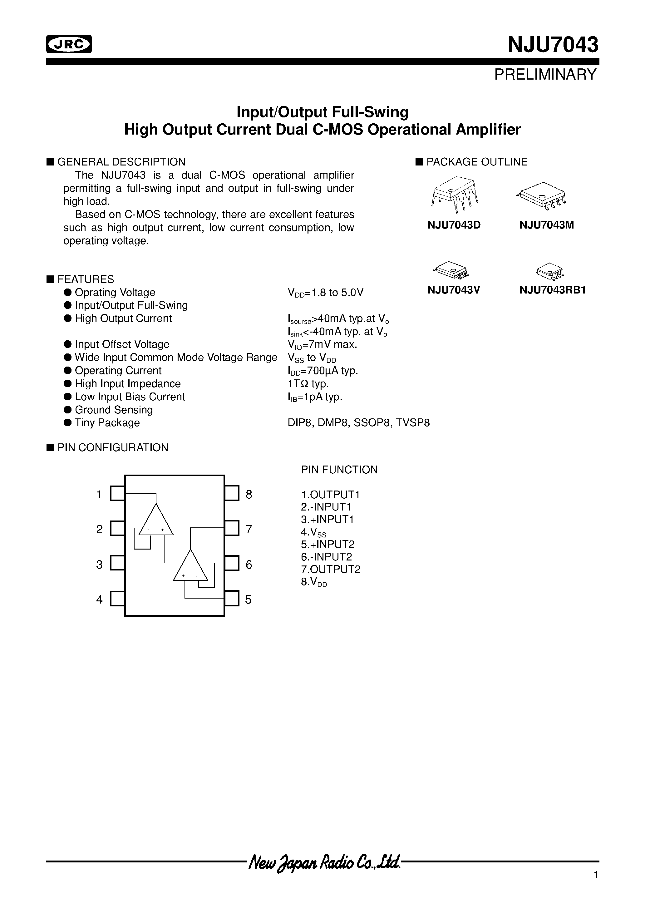 Даташит NJU7043 - Input/Output Full-Swing High Output Current Dual C-MOS Operational Amplifier страница 1