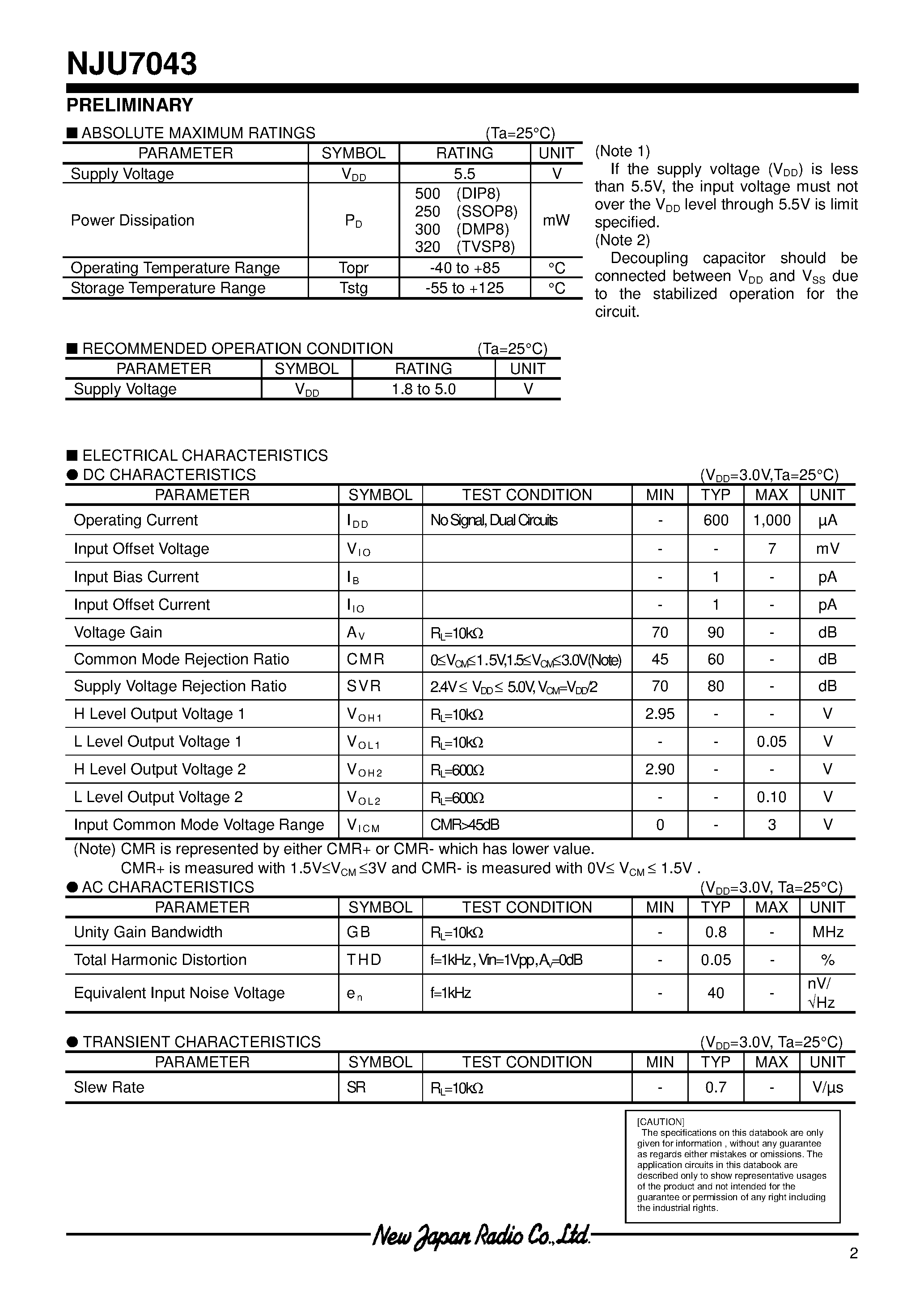 Даташит NJU7043 - Input/Output Full-Swing High Output Current Dual C-MOS Operational Amplifier страница 2