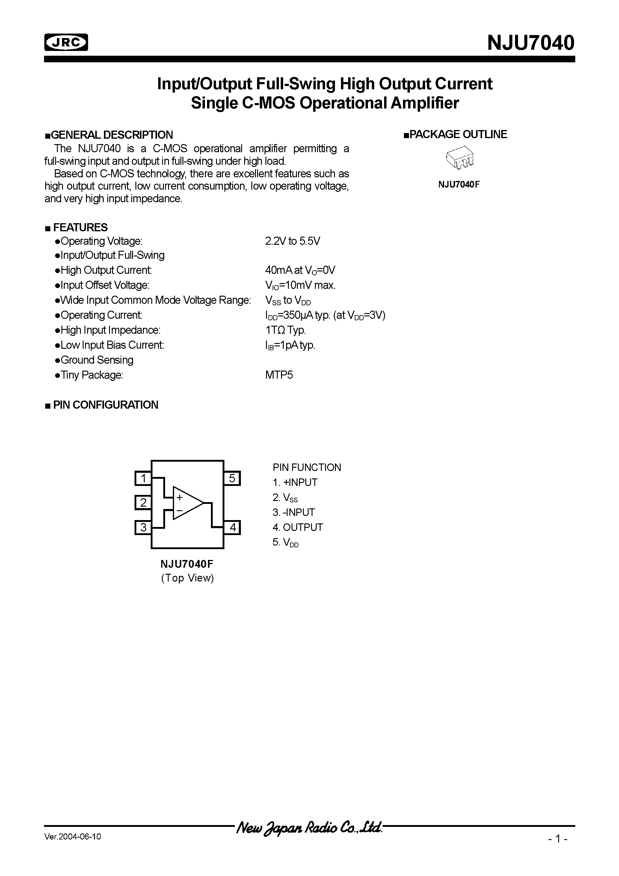 Datasheet NJU7040 page 1 Datasheet NJU7040 - Input/Output Full-Swing High Output Current Single C-MOS Operational Amplifier page 1
