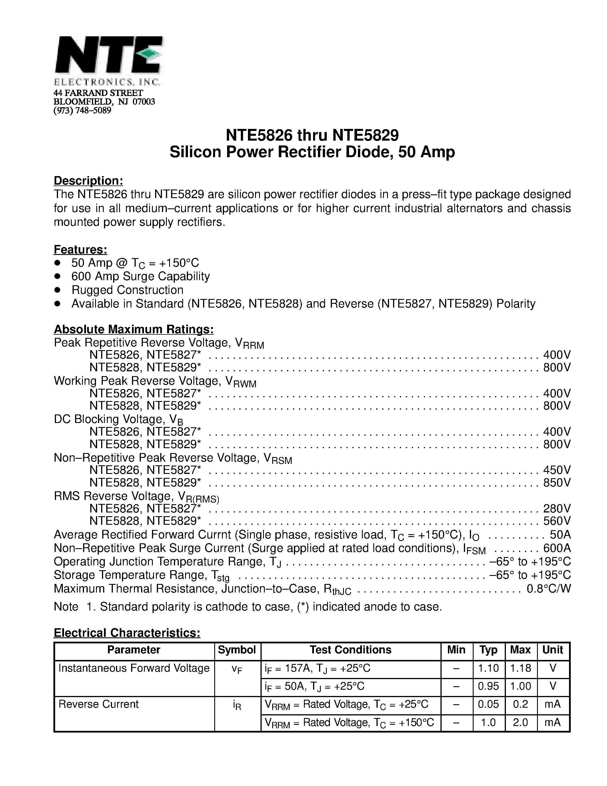 Даташит NTE5826 - (NTE5826 - NTE5829) Silicon Power Rectifier Diode страница 1