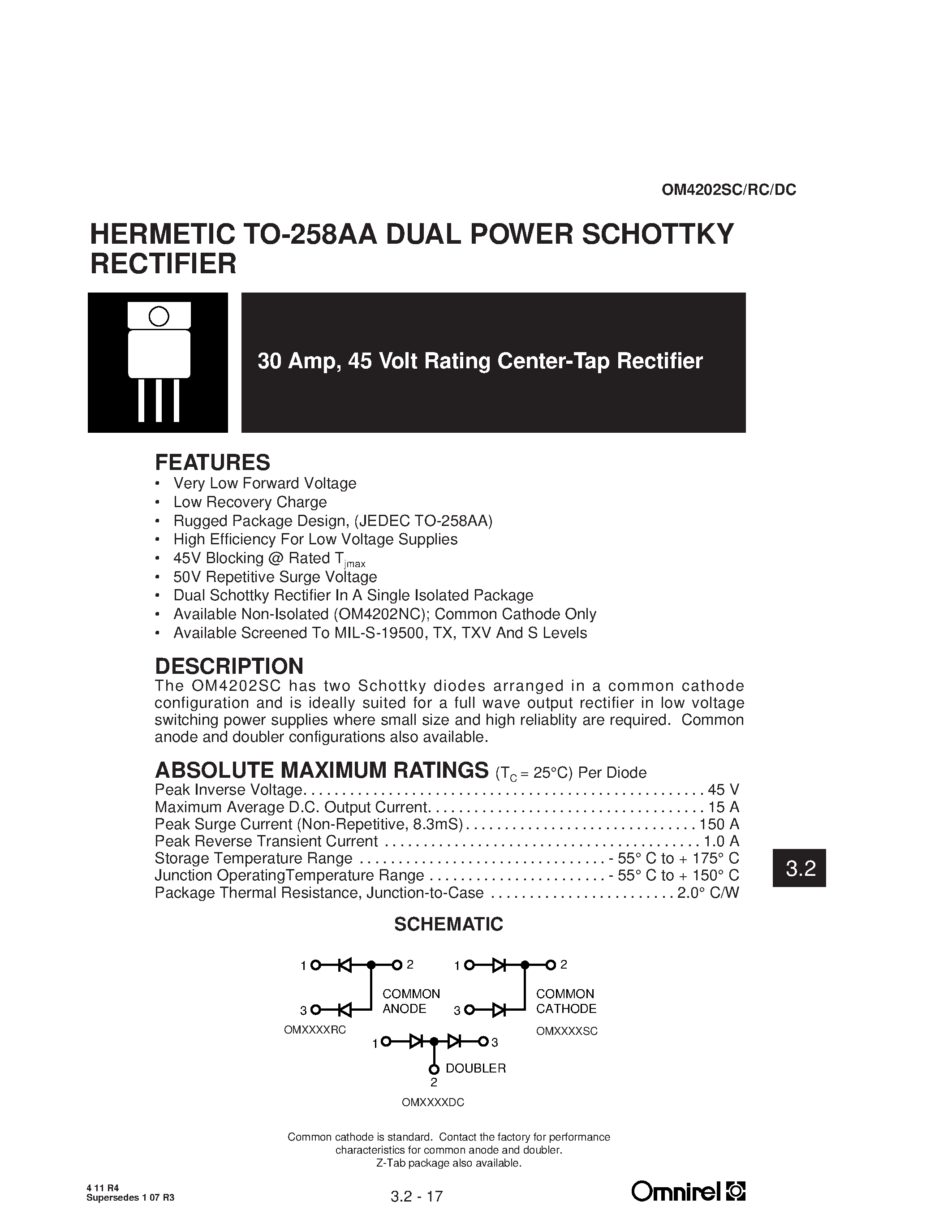 Даташит OM4202DC - HERMETIC TO-258AA DUAL POWER SCHOTTKY RECTIFIER страница 1
