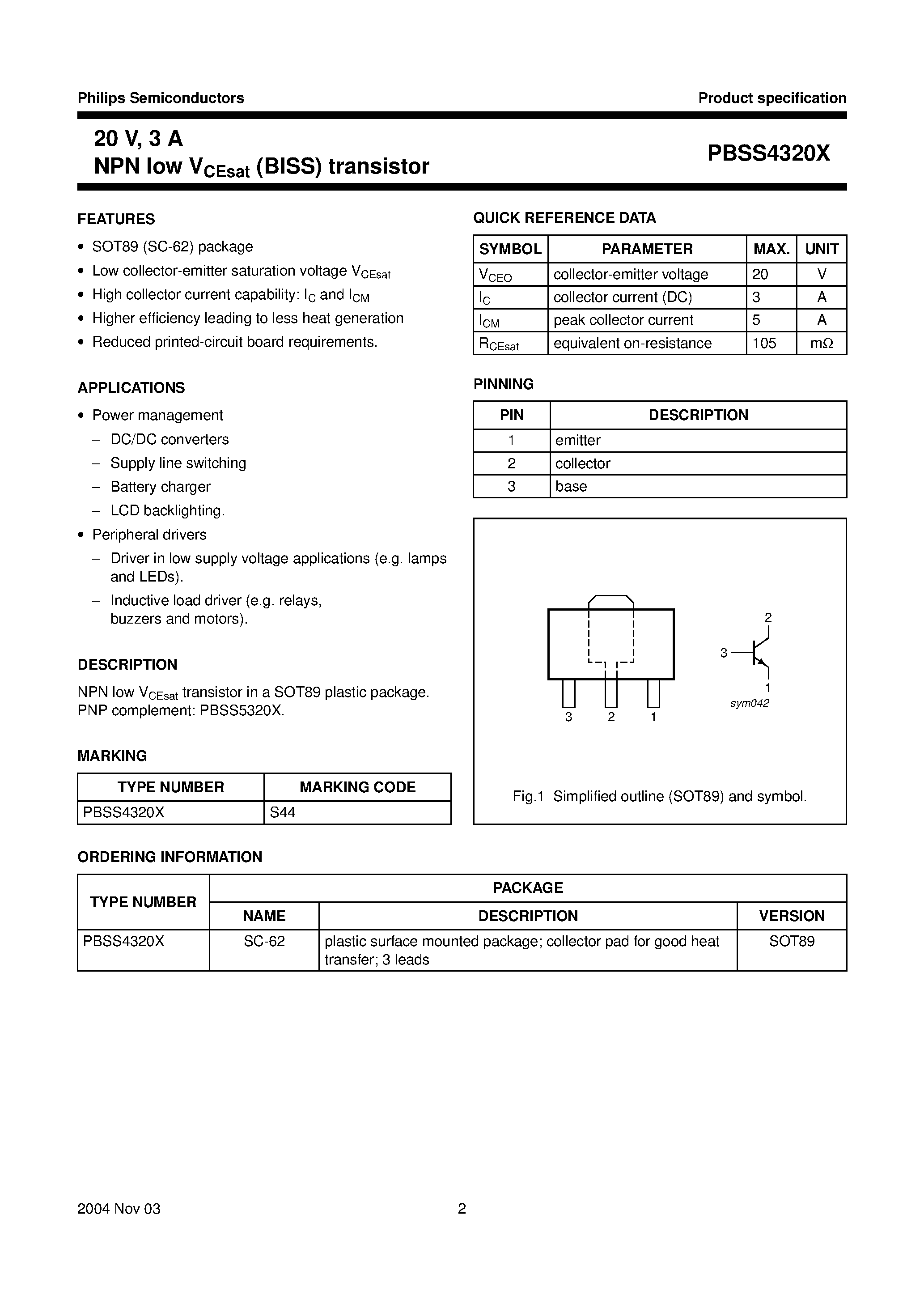 Даташит PBSS4320X - 20 V / 3 A NPN low VCEsat (BISS) transistor страница 2