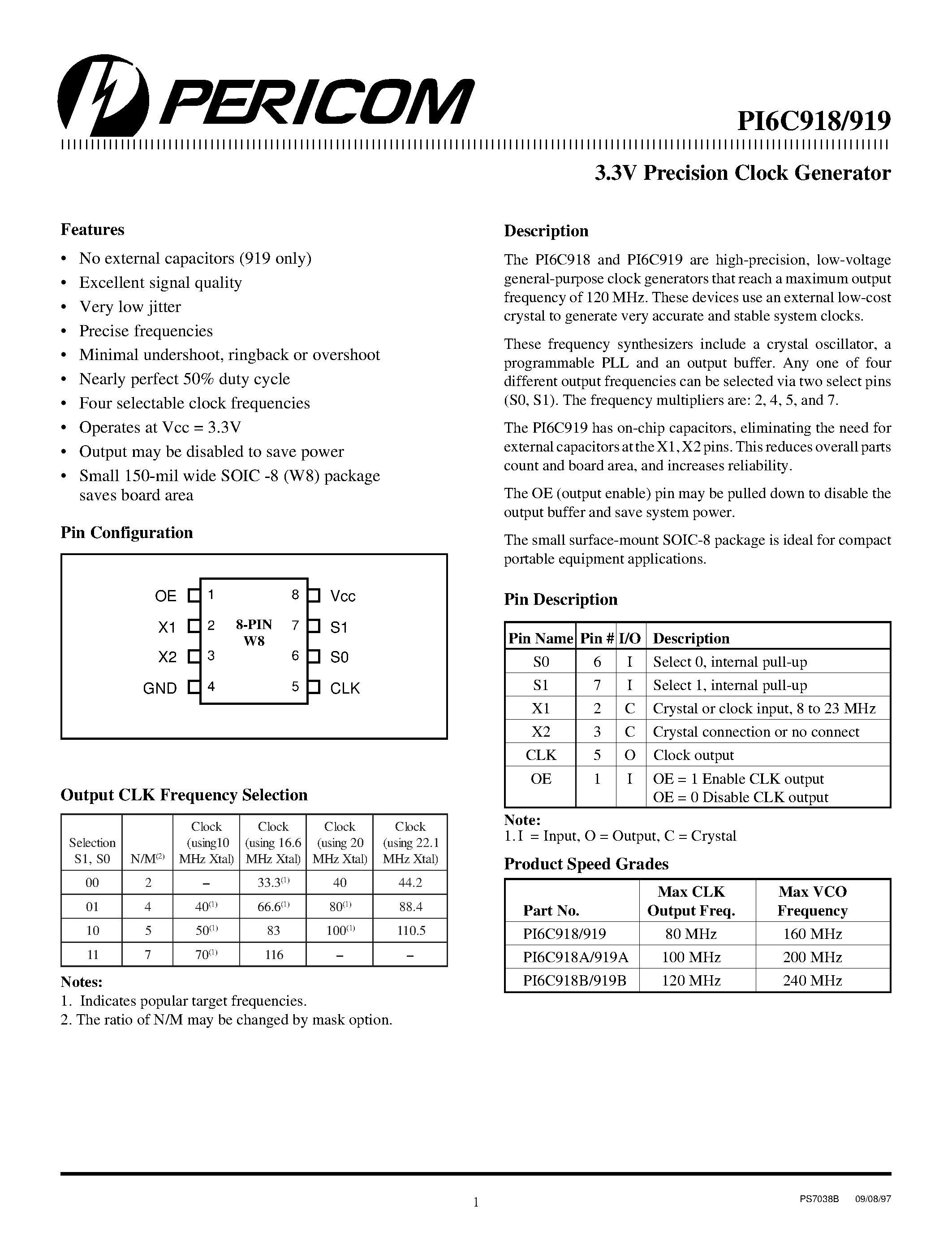 Datasheet PI6C918 page 1 Datasheet PI6C918 - (PI6C918 / PI6C919) 3.3V PRECISION CLOCK GENERATOR page 1