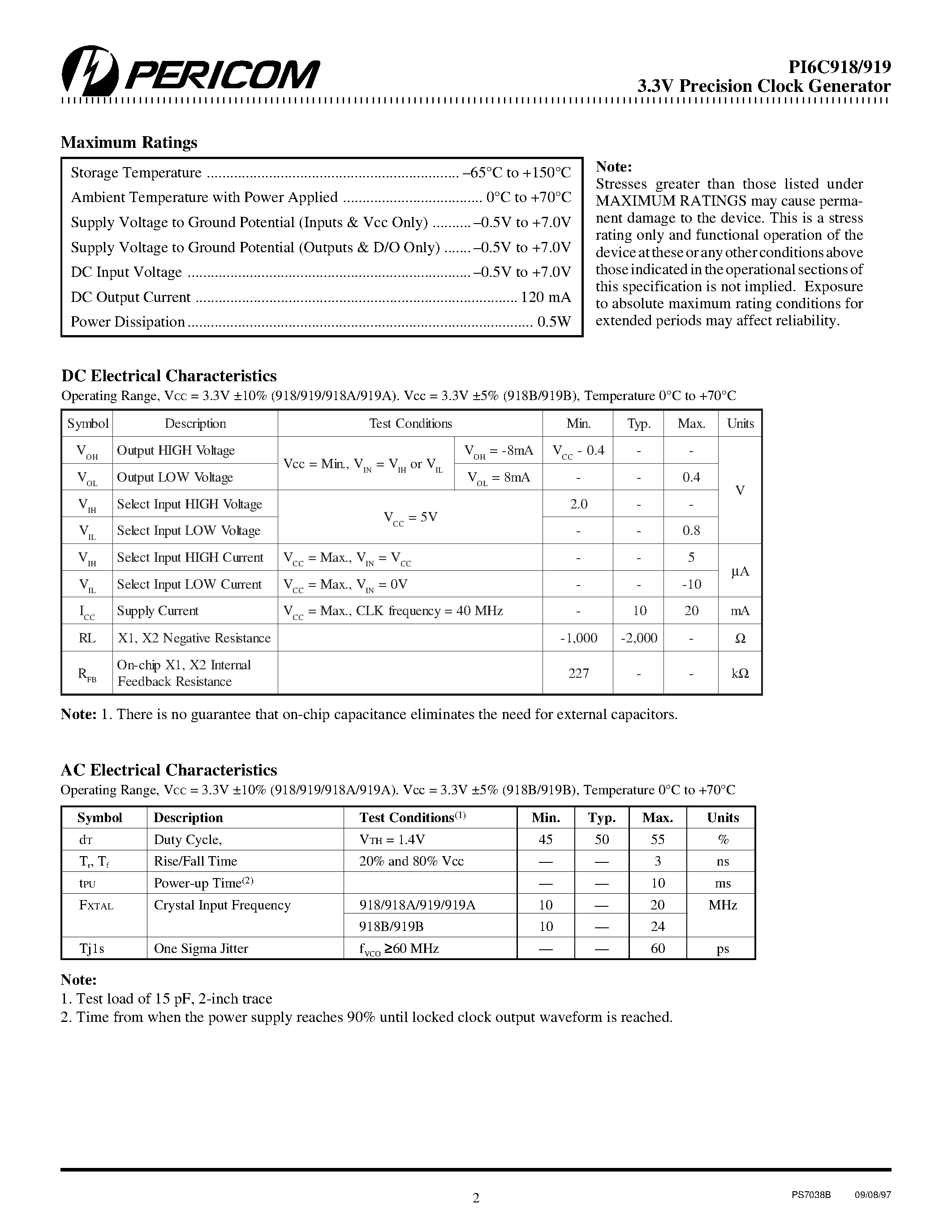 Datasheet PI6C918 page 2 Datasheet PI6C918 - (PI6C918 / PI6C919) 3.3V PRECISION CLOCK GENERATOR page 2