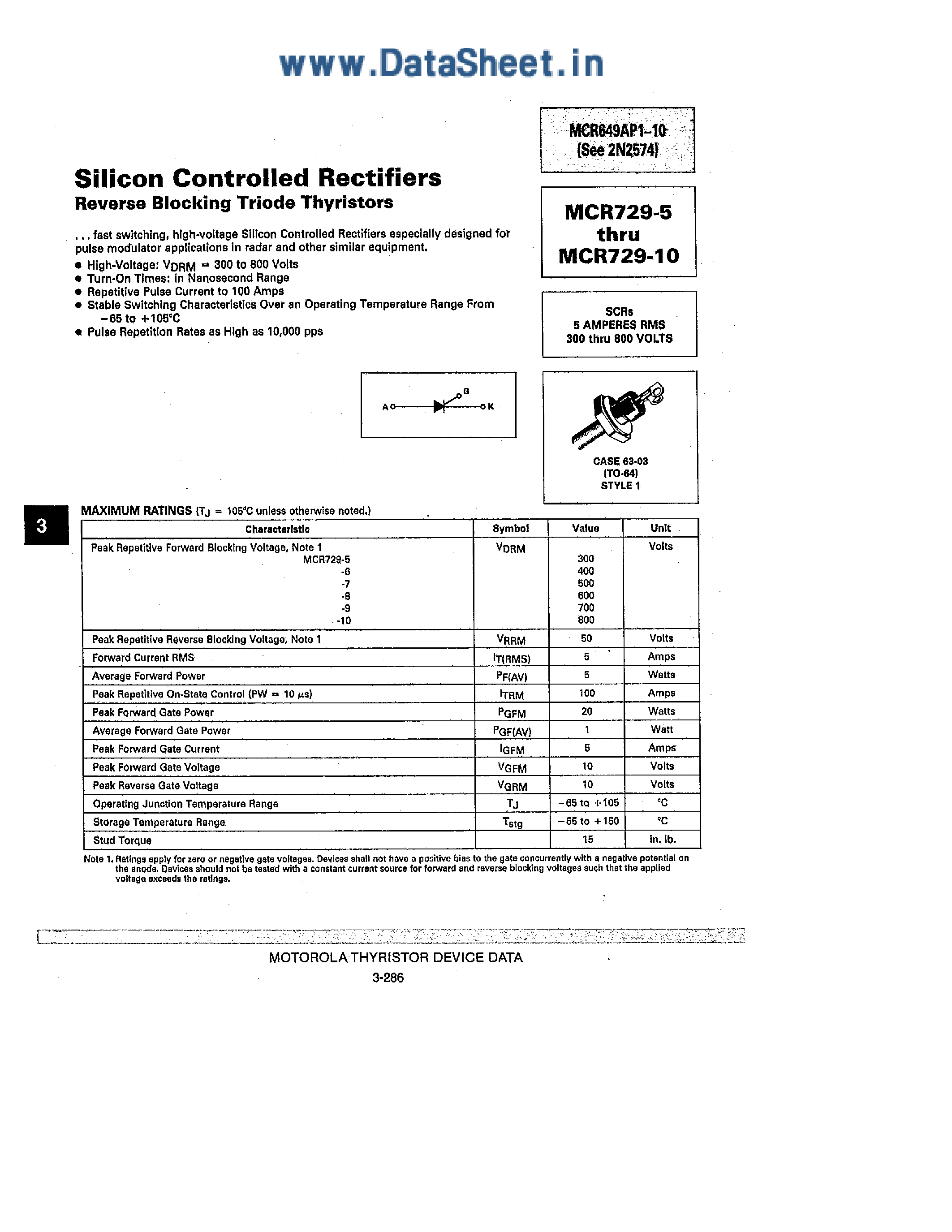Datasheet MCR729-x page 1 Datasheet MCR729-x - SILICON CONTROLLED RECTIFIERS page 1