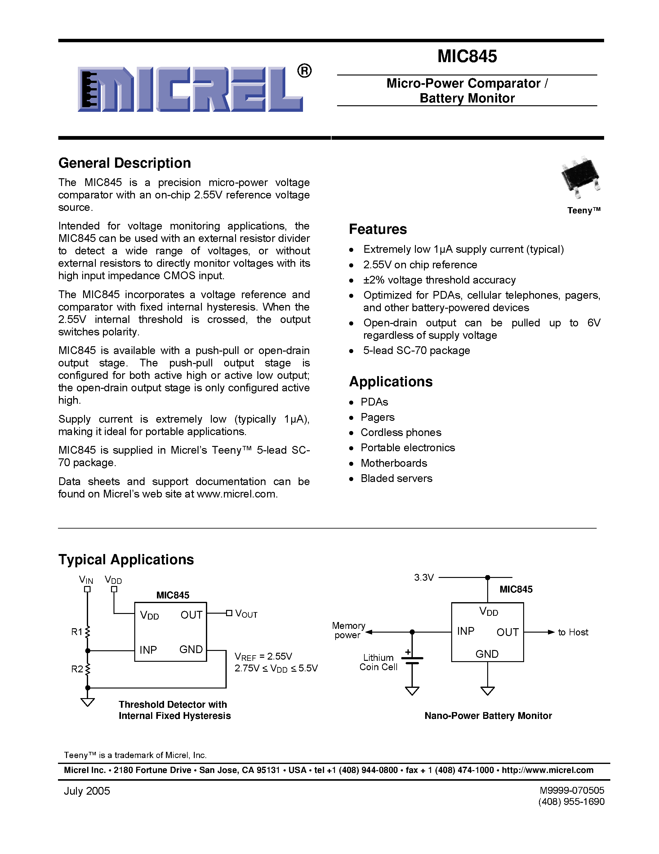 Datasheet MIC845 page 1 Datasheet MIC845 - Micro-Power Comparator/ Battery Monitor page 1