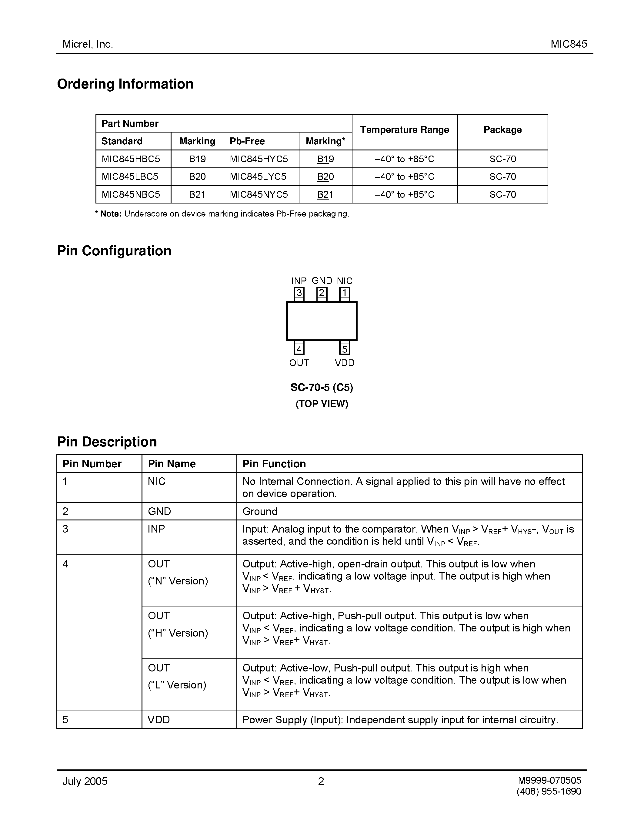Datasheet MIC845 page 2 Datasheet MIC845 - Micro-Power Comparator/ Battery Monitor page 2
