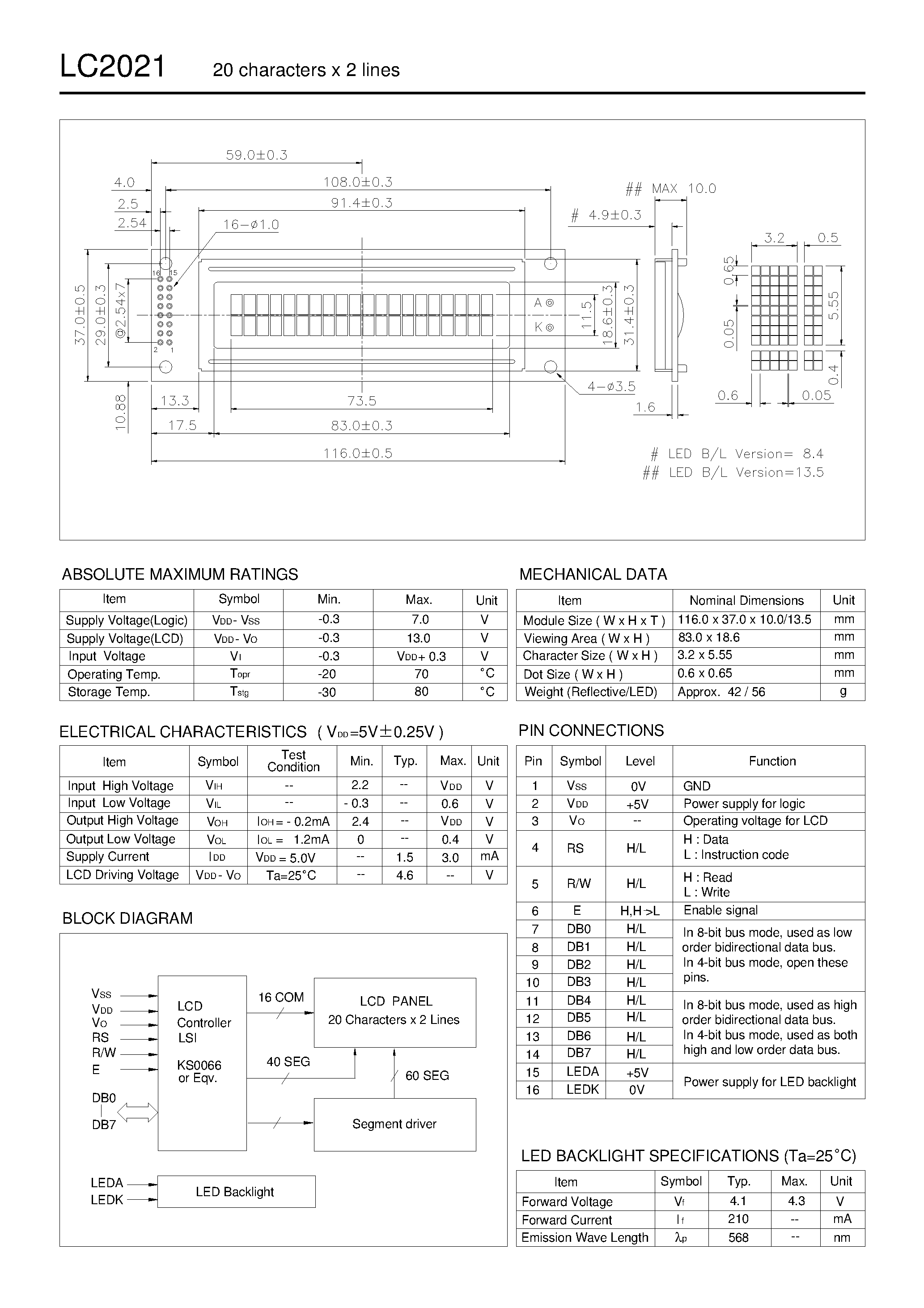 Datasheet LC2021 page 1 Datasheet LC2021 - 20 characters x 2 lines page 1