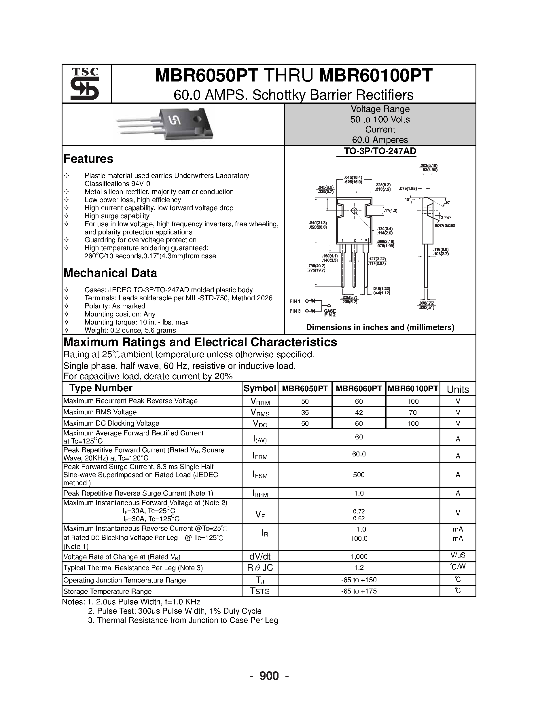 Datasheet MBR60100PT - 60.0 AMPS / Schottky Barrier Rectifiers page 1