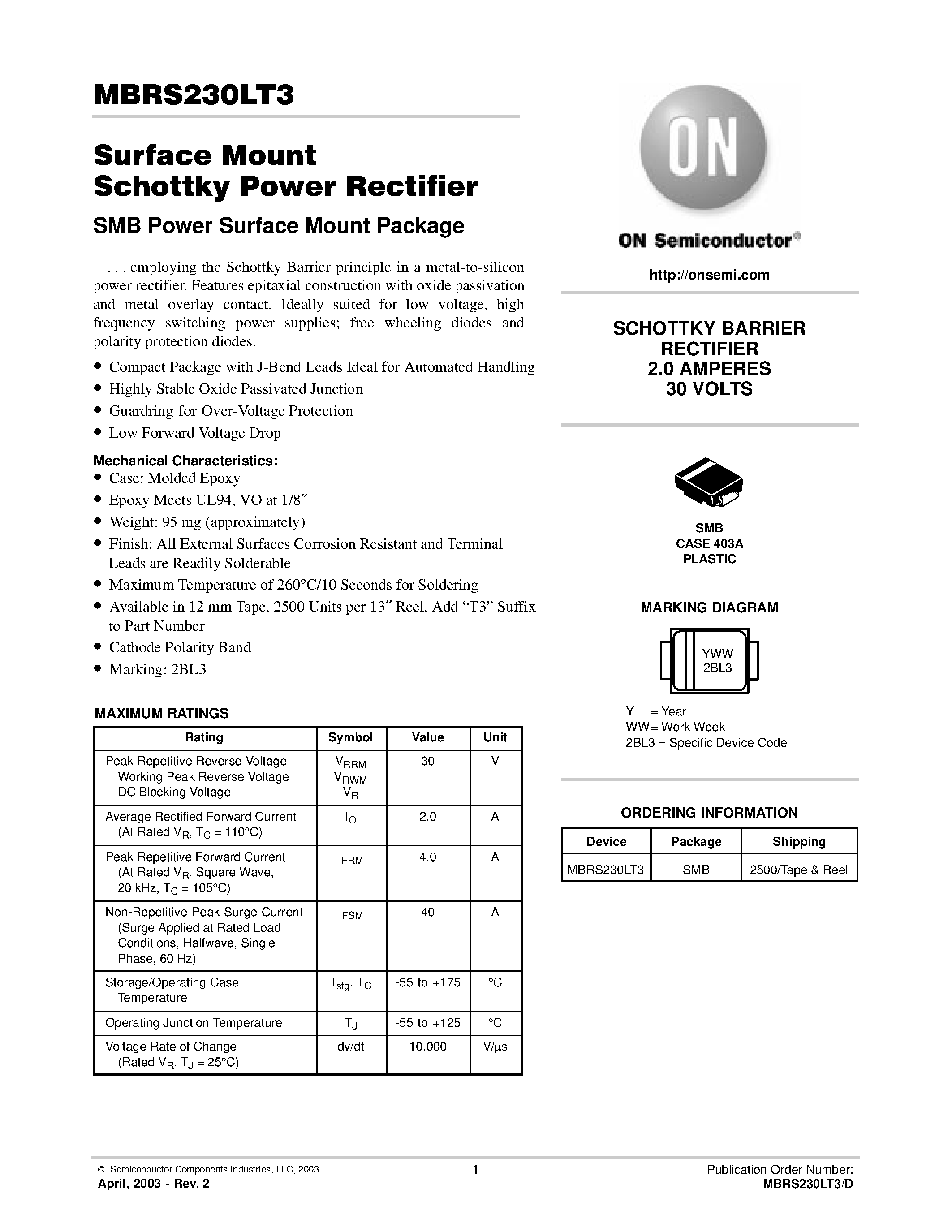 Даташит MBRS230LT3 - Surface Mount Schottky Power Rectifier страница 1