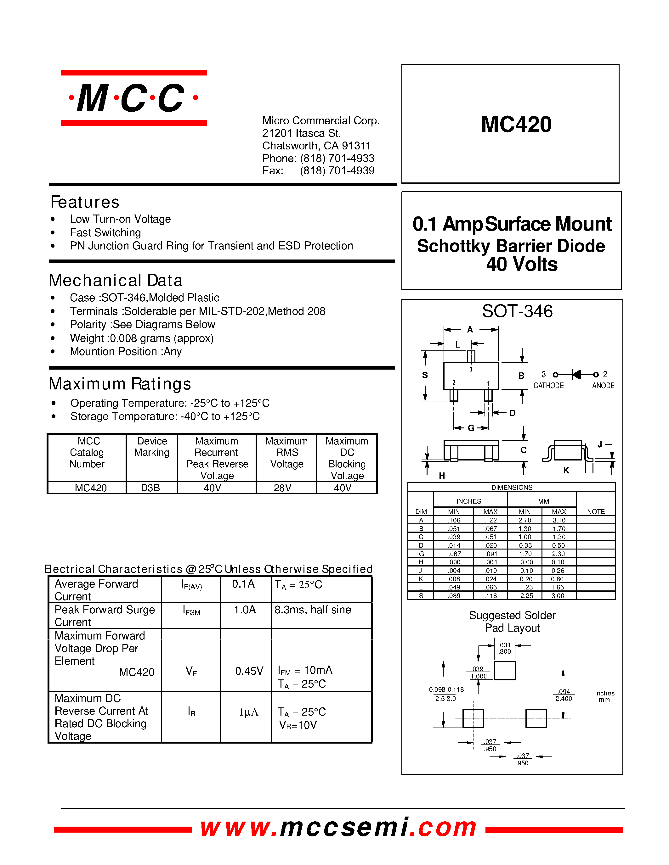 Даташит на микросхему MC420 страница 1 Даташит MC420 - 40 Volts 0.1 Amp Surface Mount Schottky Barrier Diode страница 1