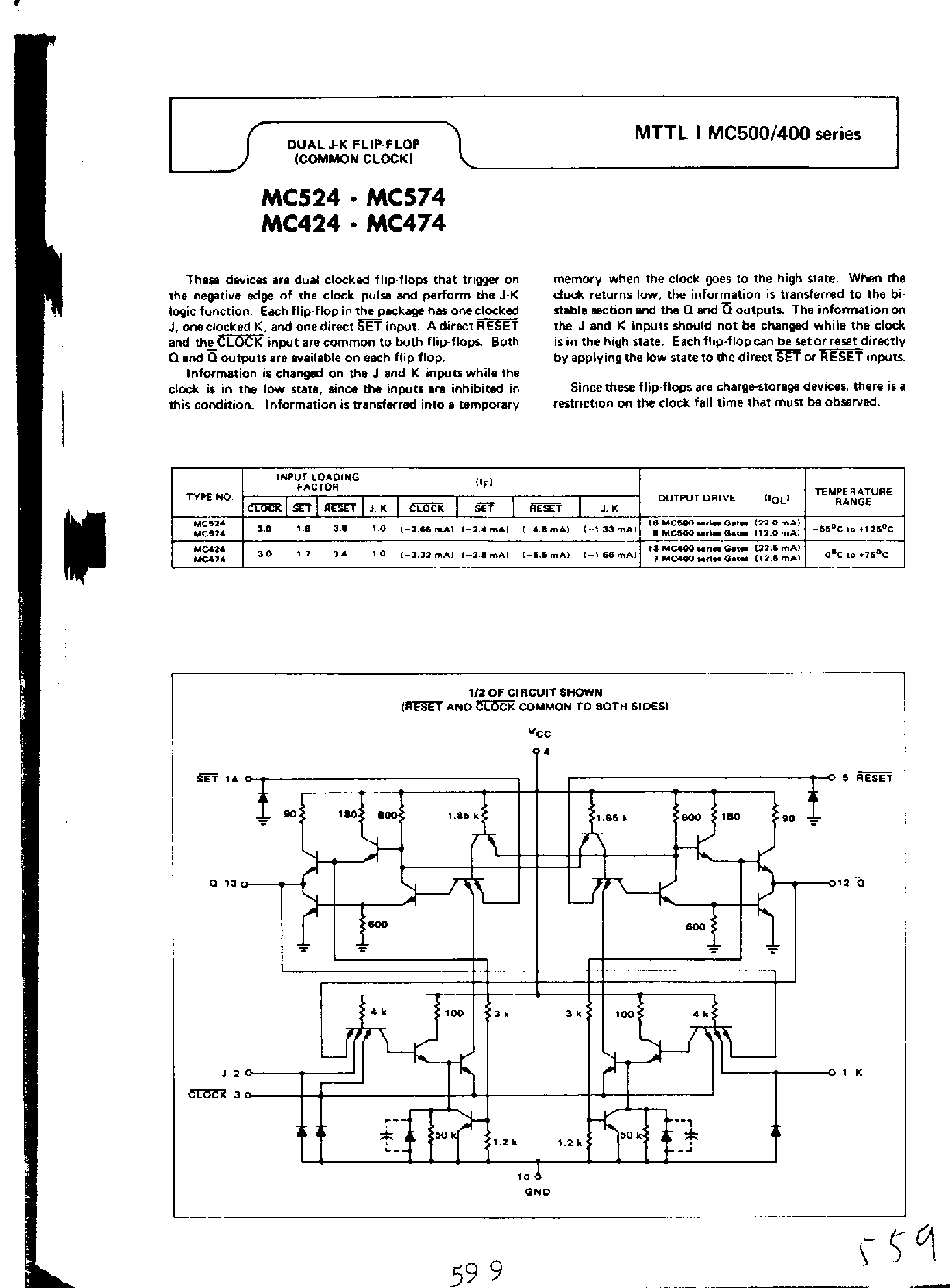 Даташит на микросхему MC424 страница 1 Даташит MC424 - (MC424 / MC474 / MC524 / MC574) DUAL J-K FLIP-FLOP страница 1
