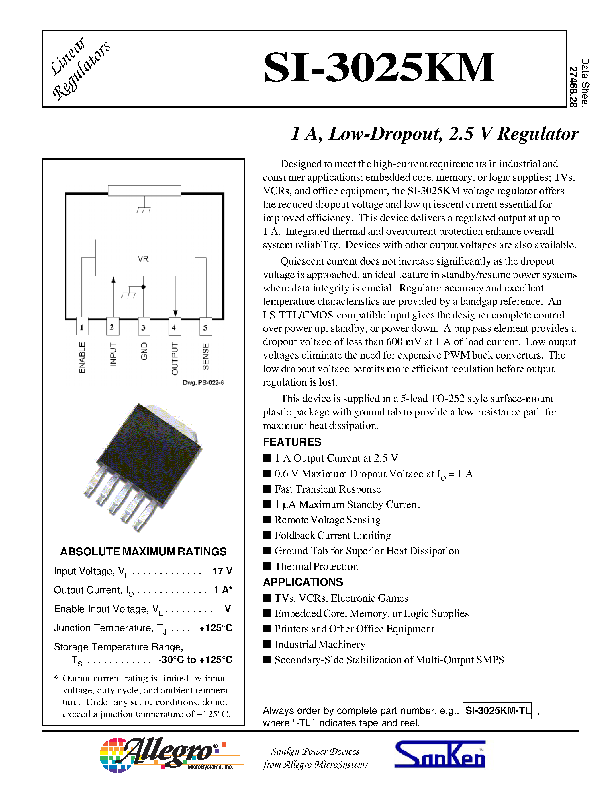 Даташит SI-3025KM - 1 A / Low-Dropout / 2.5 V Regulator страница 1