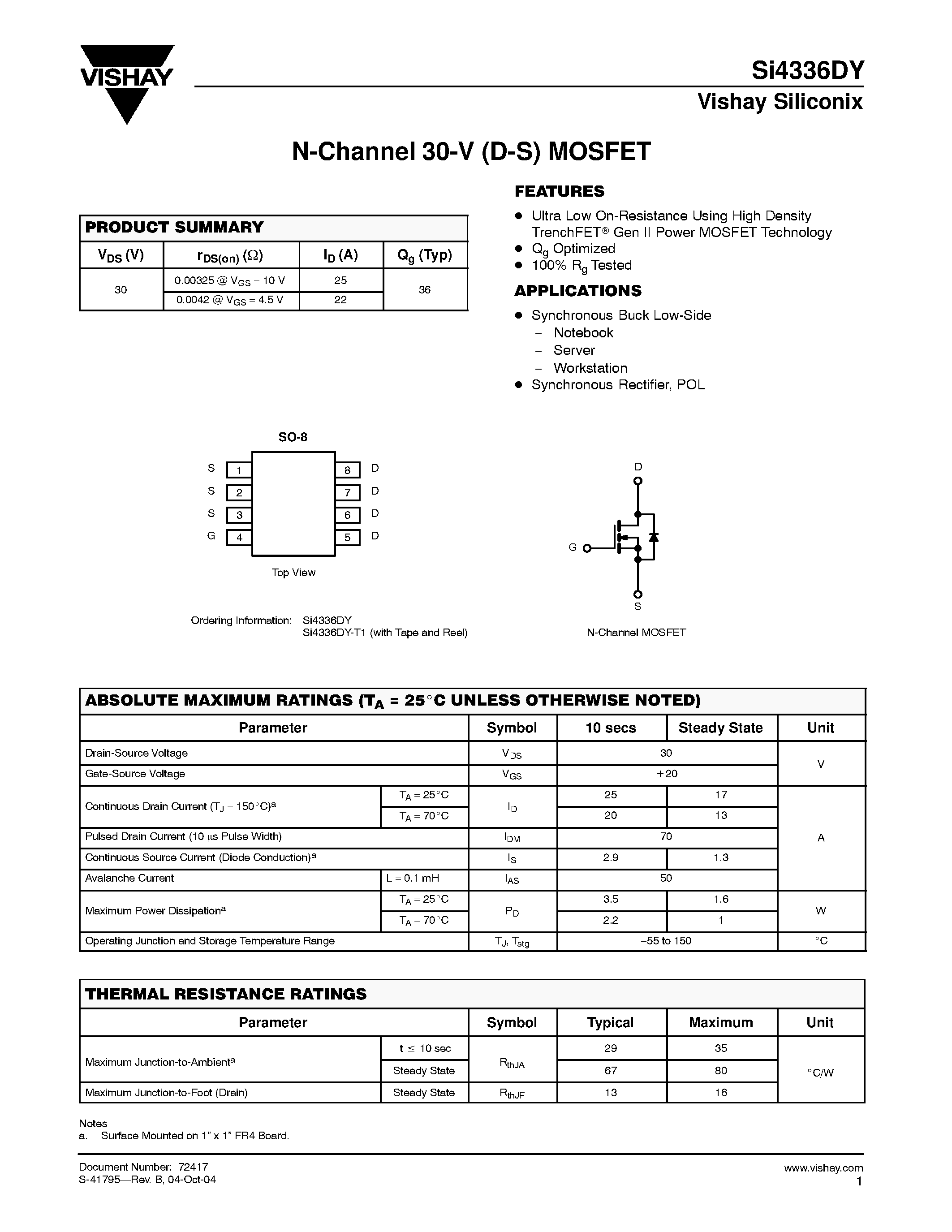 Даташит SI4336DY - N-Channel 30-V (D-S) MOSFET страница 1