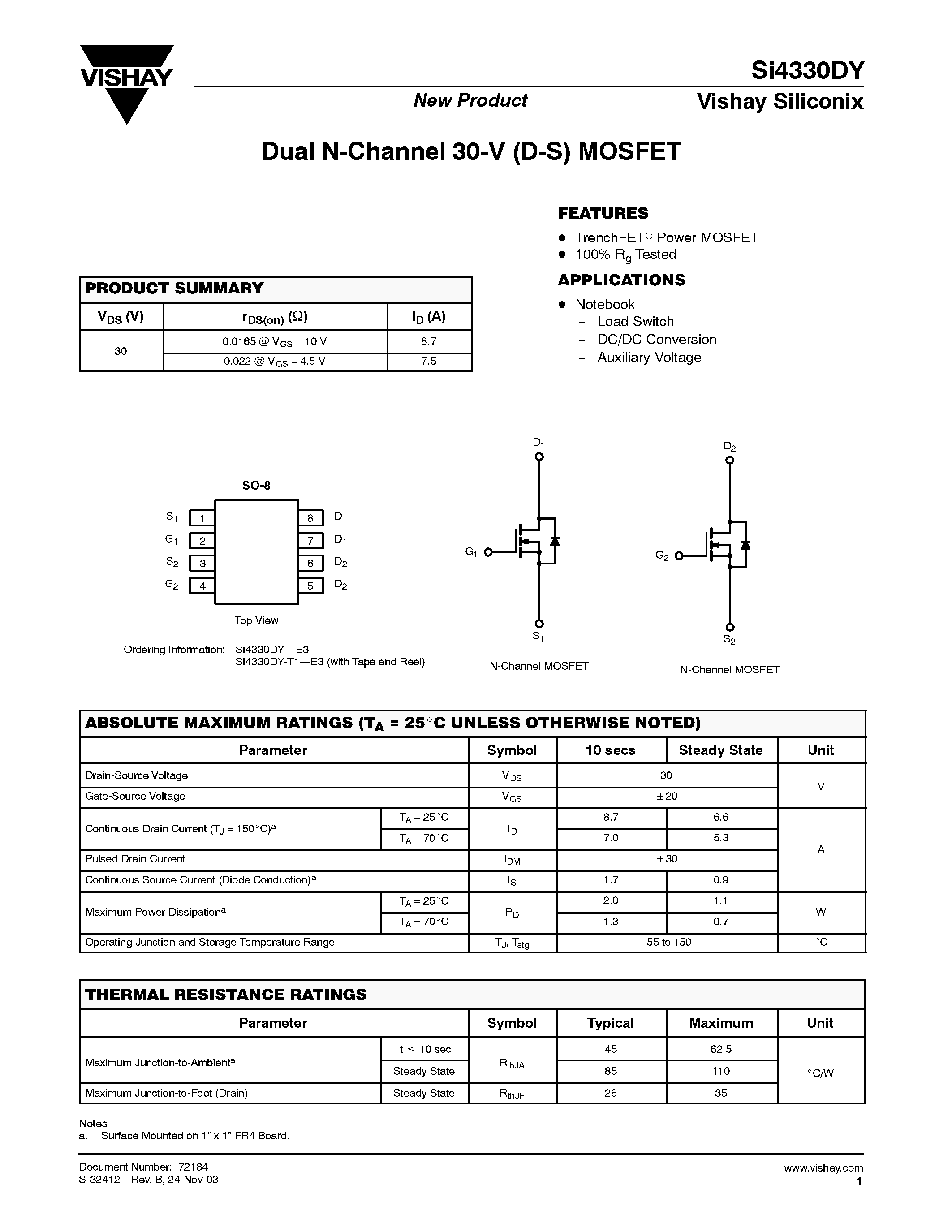 Даташит SI4330DY - Dual N-Channel 30-V (D-S) MOSFET страница 1