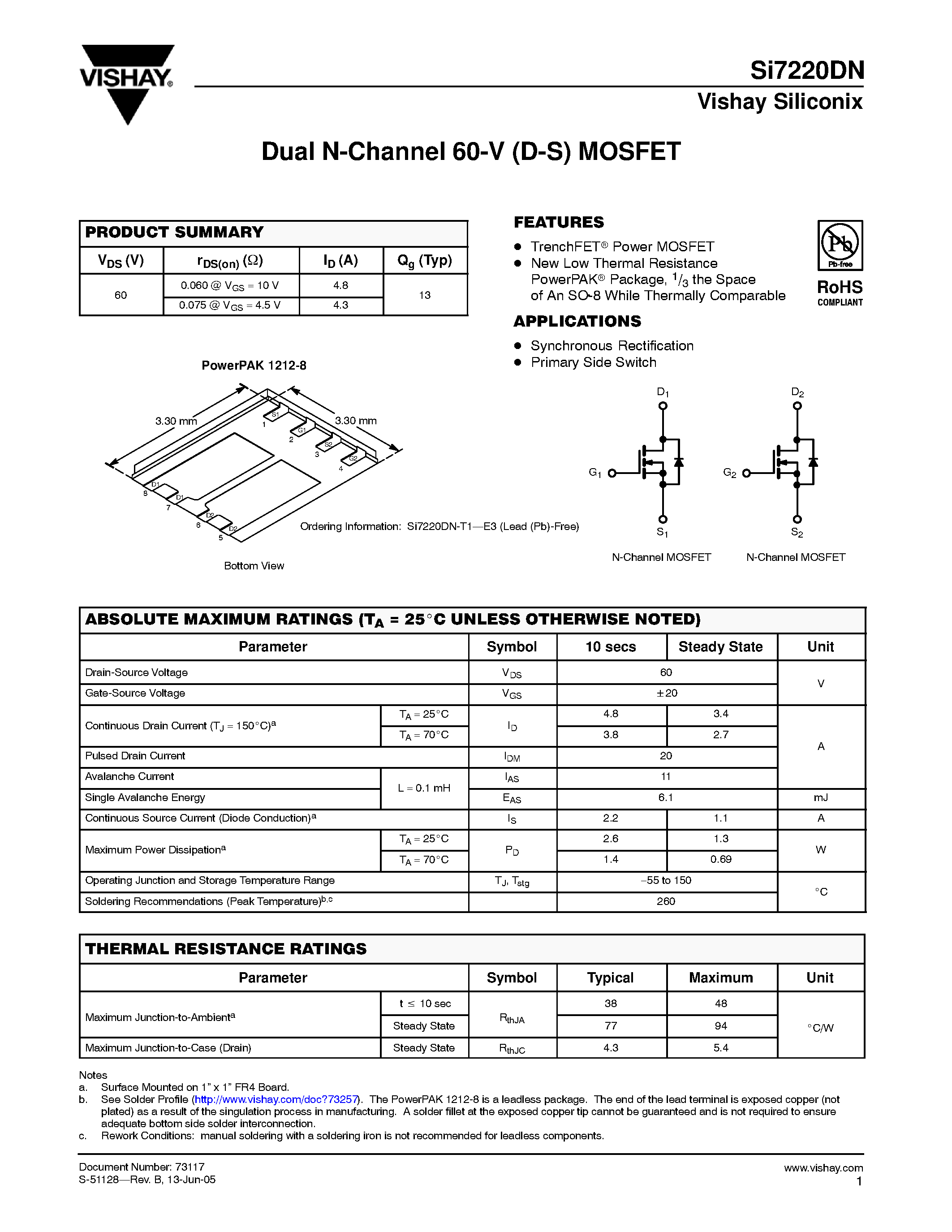 Даташит SI7220DN - Dual N-Channel 60-V (D-S) MOSFET страница 1