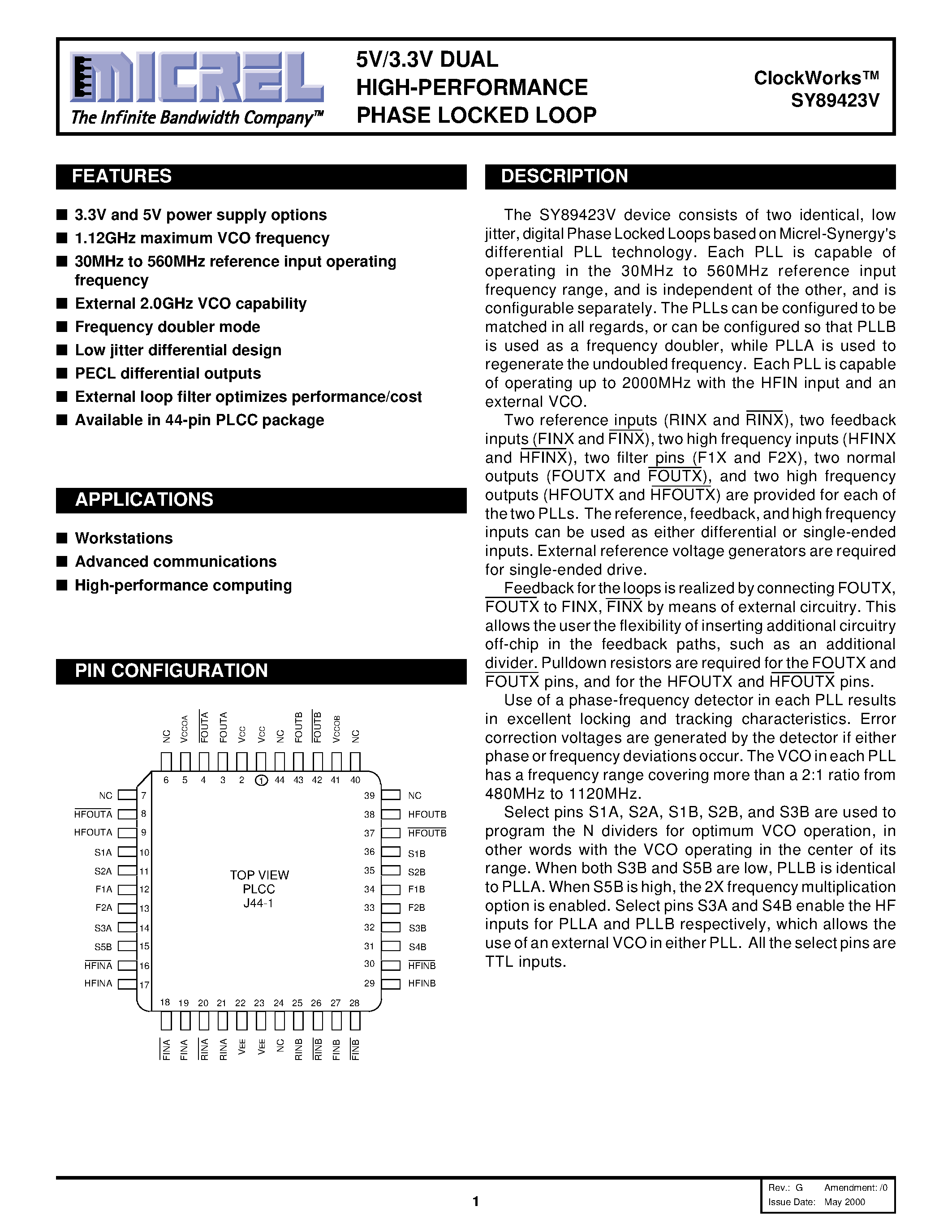 Datasheet SY89423V - 5V/3.3V DUAL HIGH-PERFORMANCE PHASE LOCKED LOOP page 1