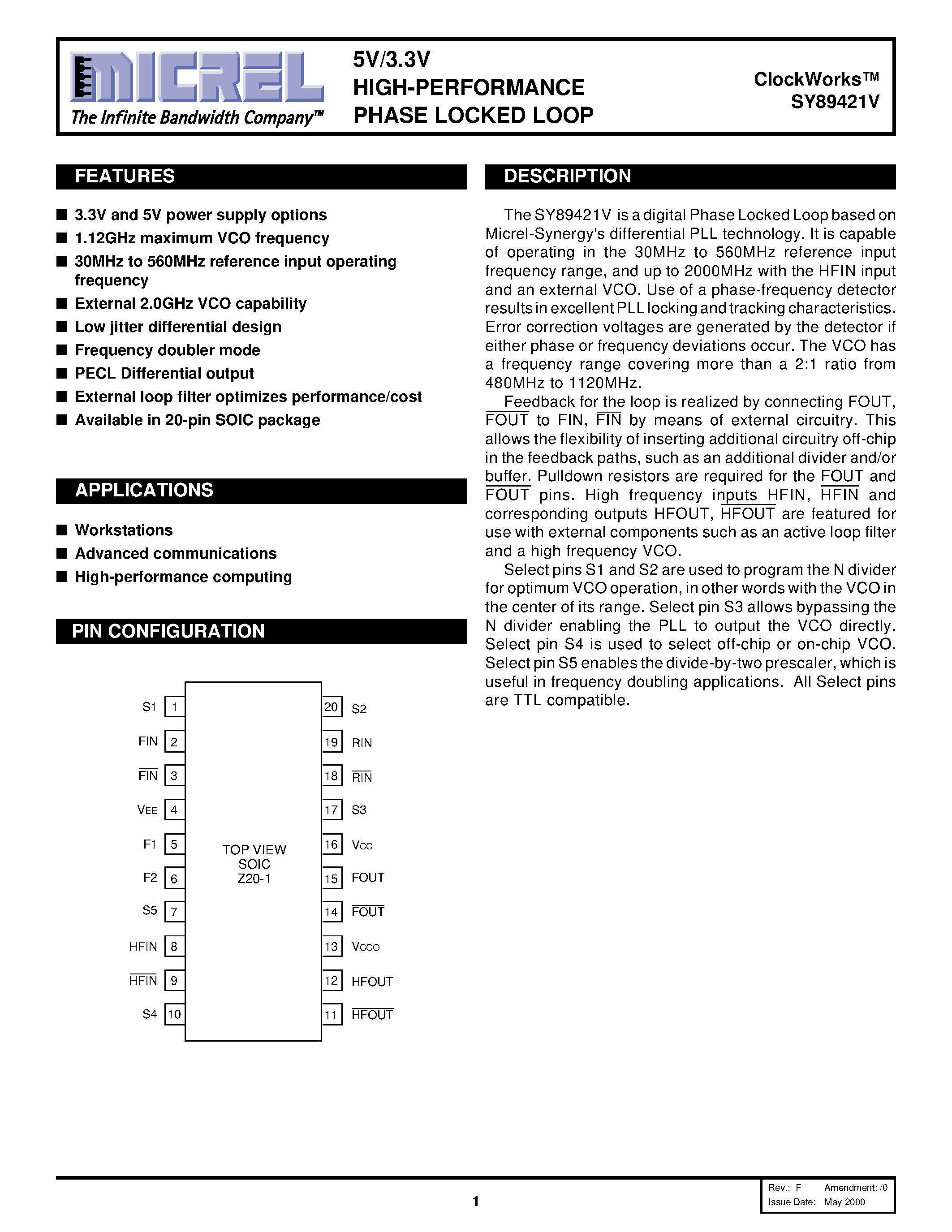 Datasheet SY89421V - 5V/3.3V HIGH-PERFORMANCE PHASE LOCKED LOOP page 1