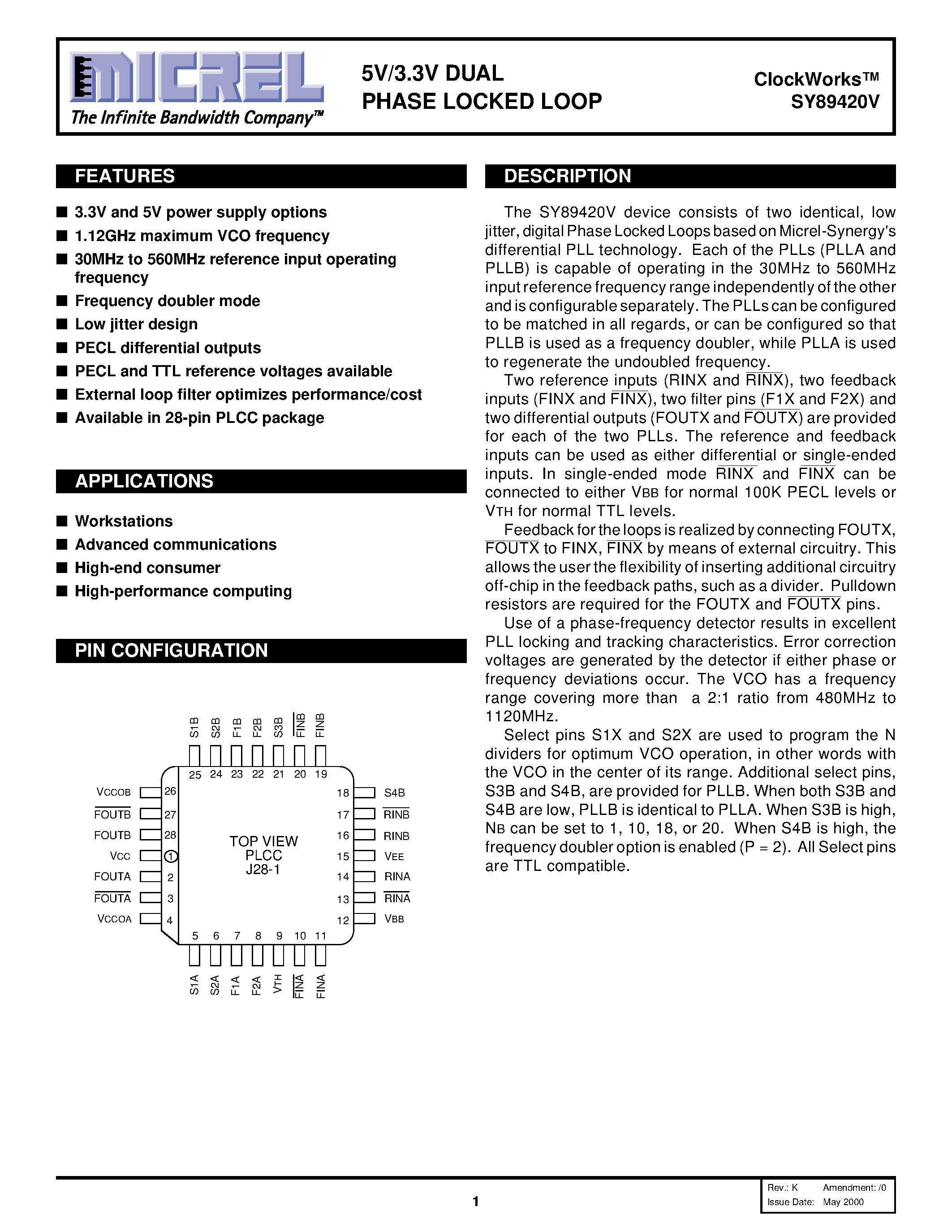 Datasheet SY89420V - 5V/3.3V DUAL PHASE LOCKED LOOP page 1