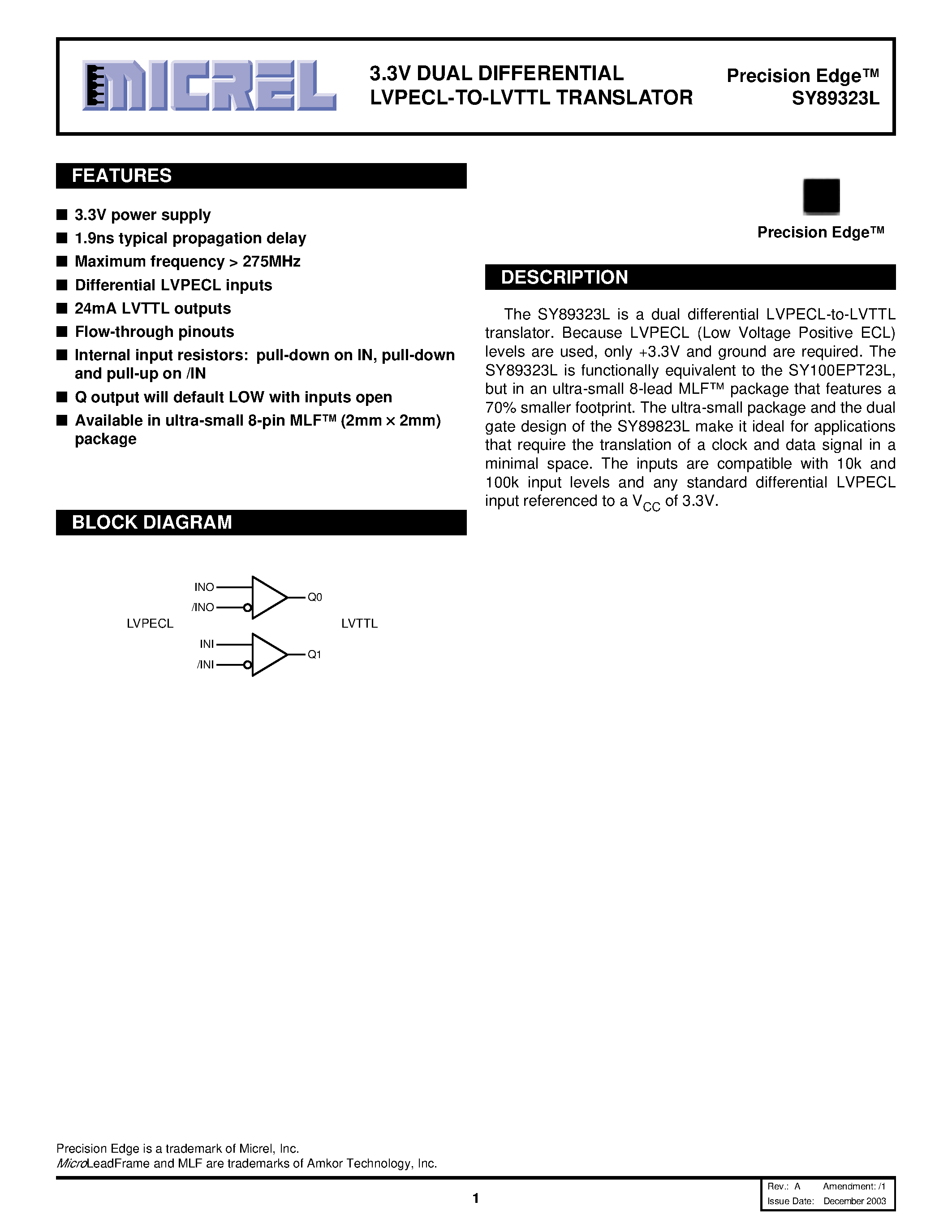 Datasheet SY89323L - 3.3V DUAL DIFFERENTIAL LVPECL TO LVTTL TRASLATOR page 1