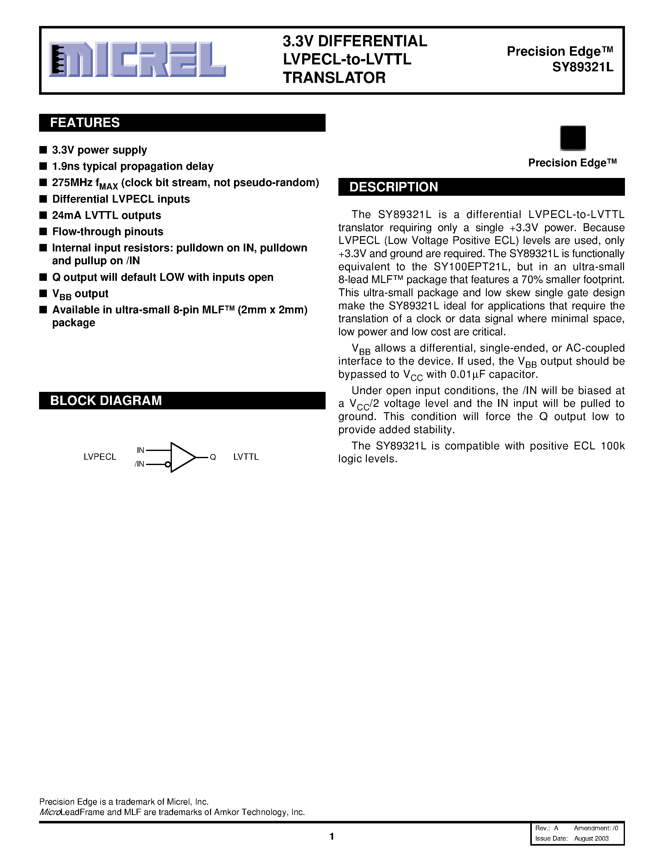 Datasheet SY89321L - 3.3V DIFFERENTIAL LVPECL-to-LVTTL TRANSLATOR page 1