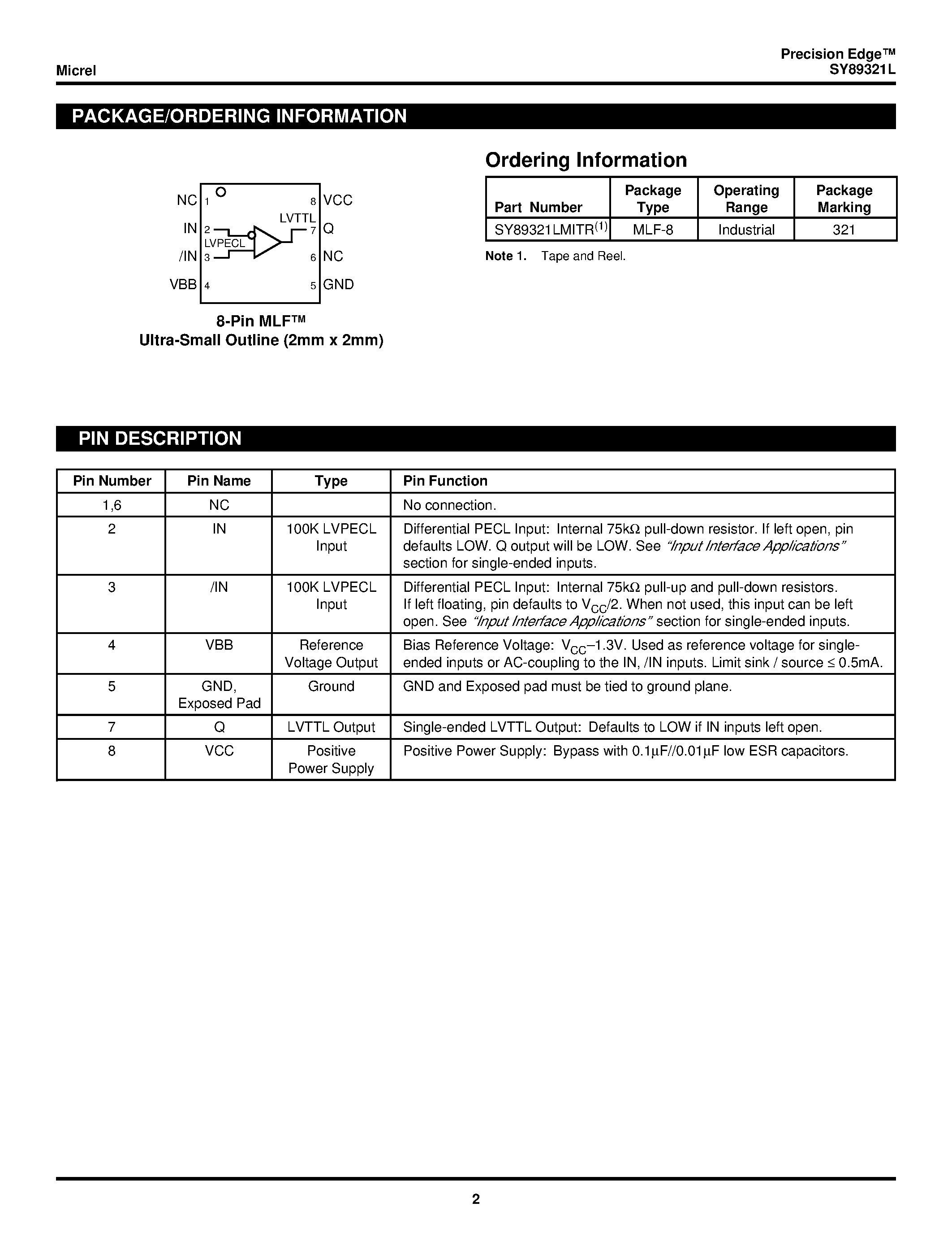 Datasheet SY89321L - 3.3V DIFFERENTIAL LVPECL-to-LVTTL TRANSLATOR page 2